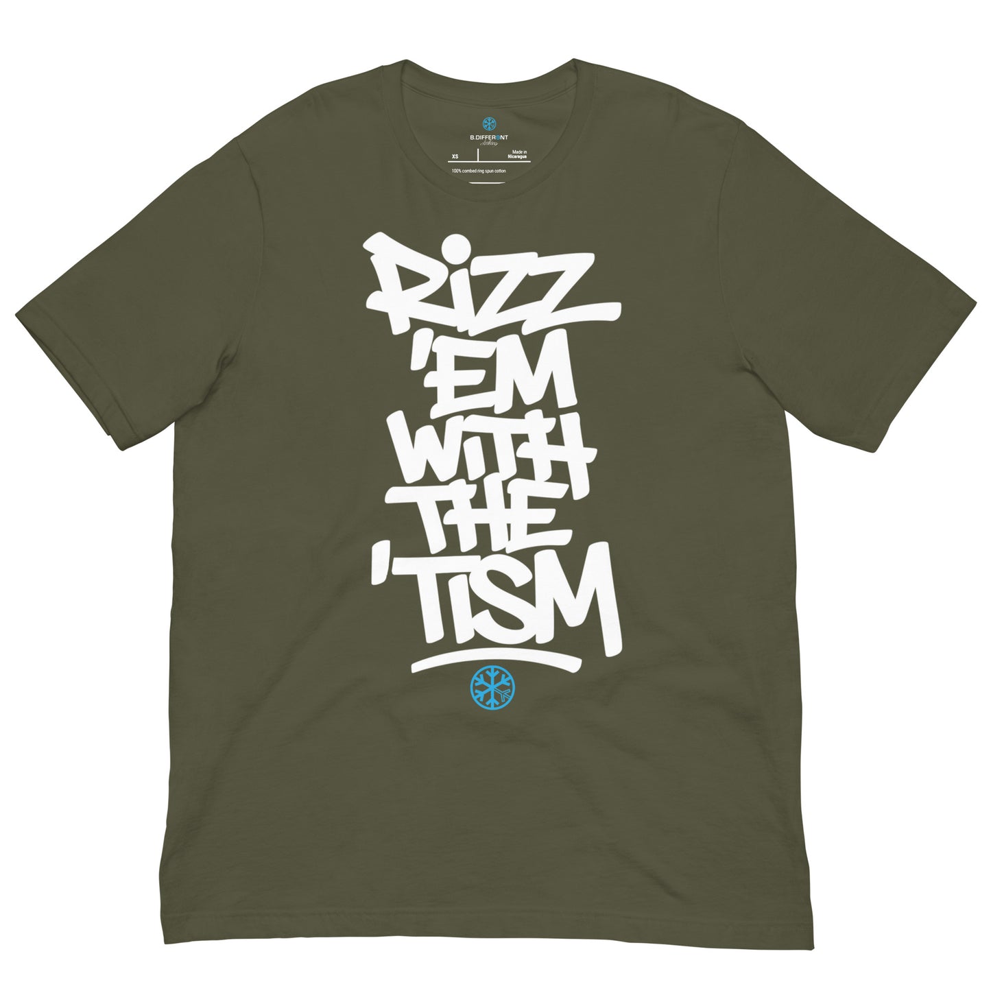 Green-Rizz 'Em With The 'Tism Graffiti Tee from B.Different Clothing, front view, graffiti-inspired streetwear t-shirt