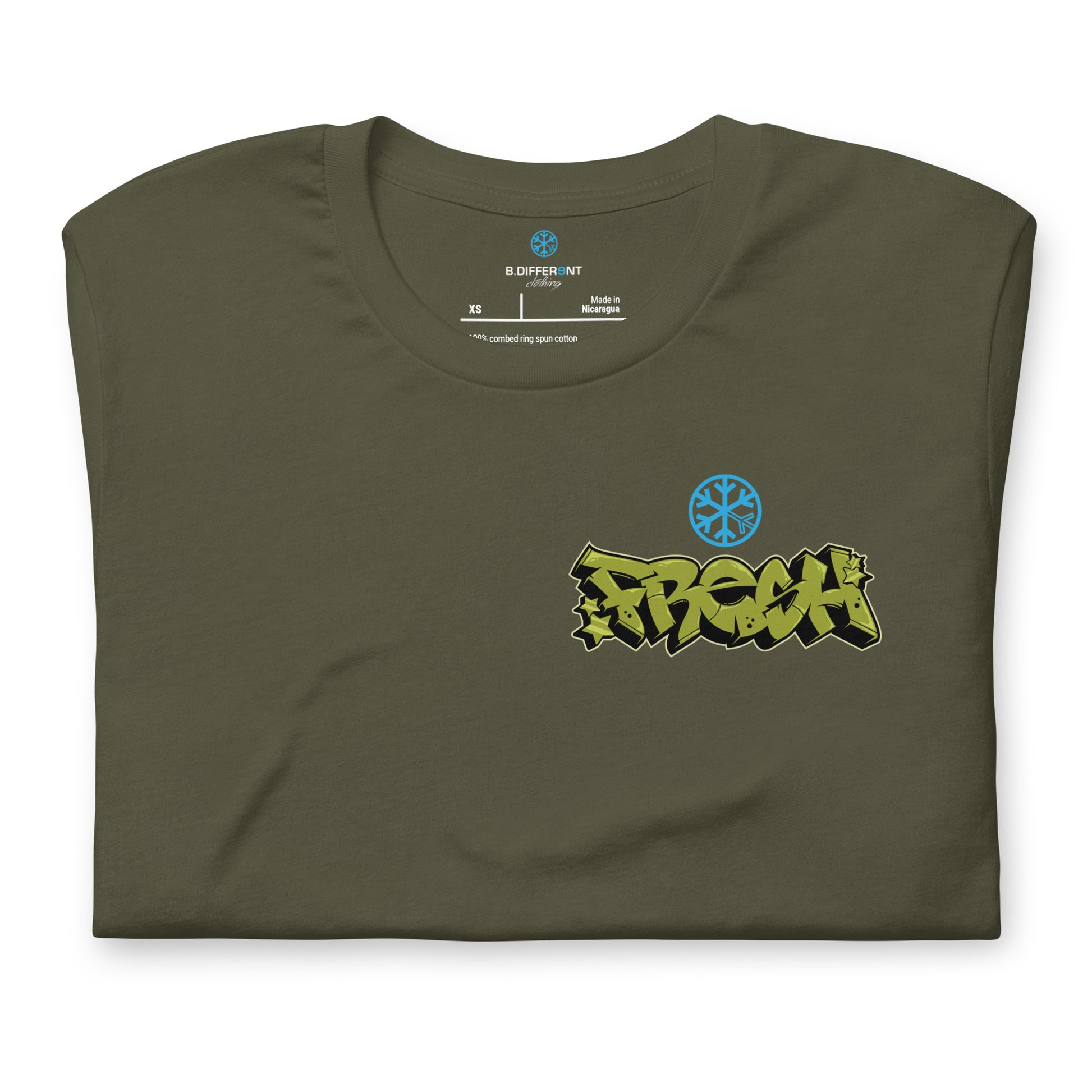Green-Fresh Graffiti Character Tee from B.Different Clothing, folded, graffiti-inspired streetwear t-shirt