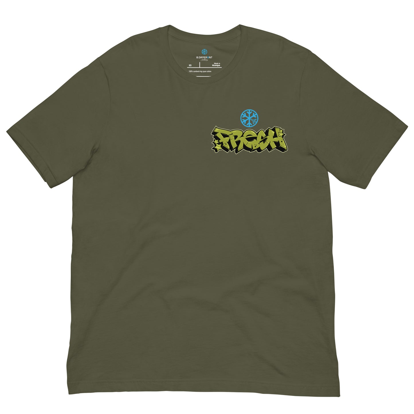 Green-Fresh Graffiti Character Tee from B.Different Clothing, front view, graffiti-inspired streetwear t-shirt