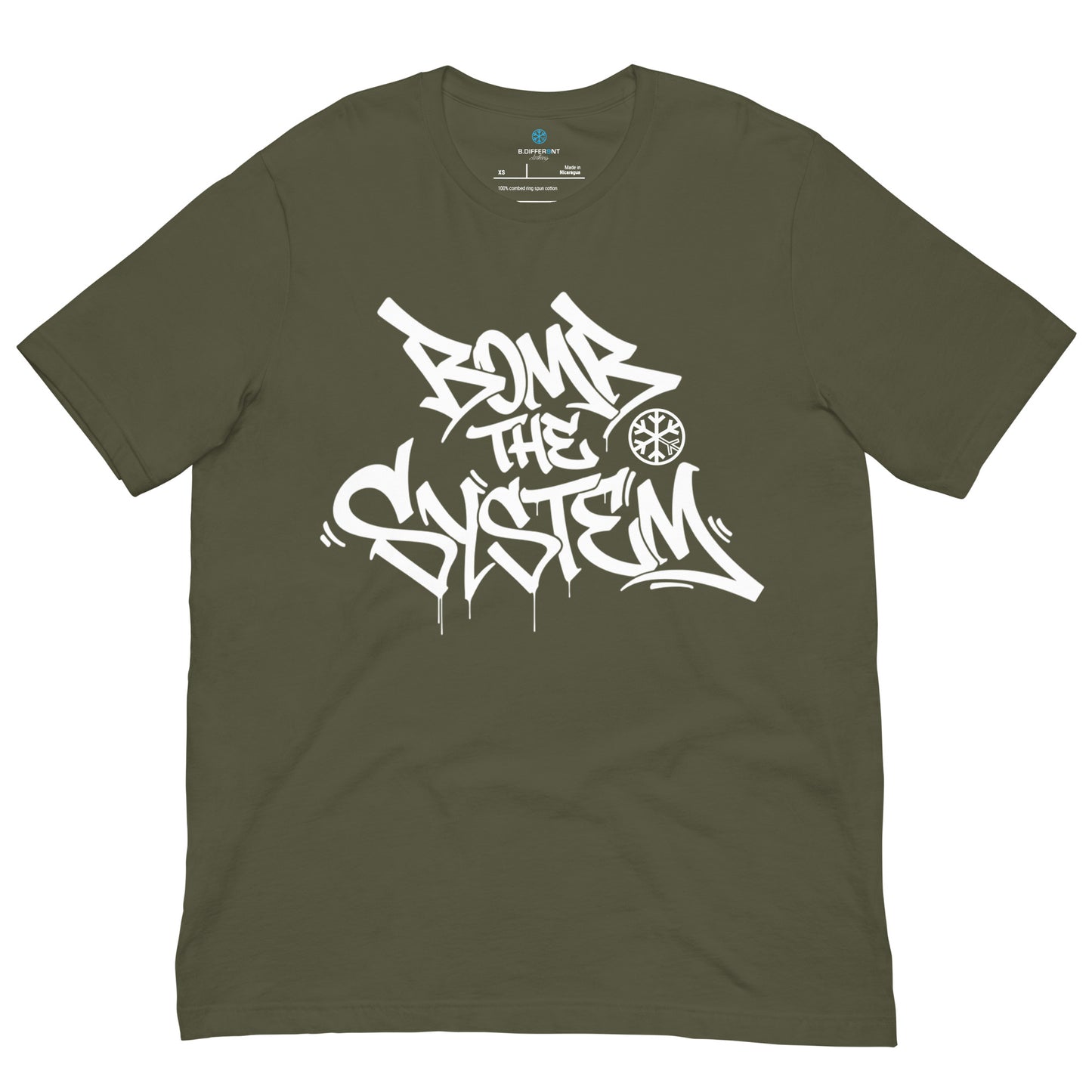 Green-Bomb The System Graffiti Tee from B.Different Clothing, front view, graffiti-inspired streetwear t-shirt