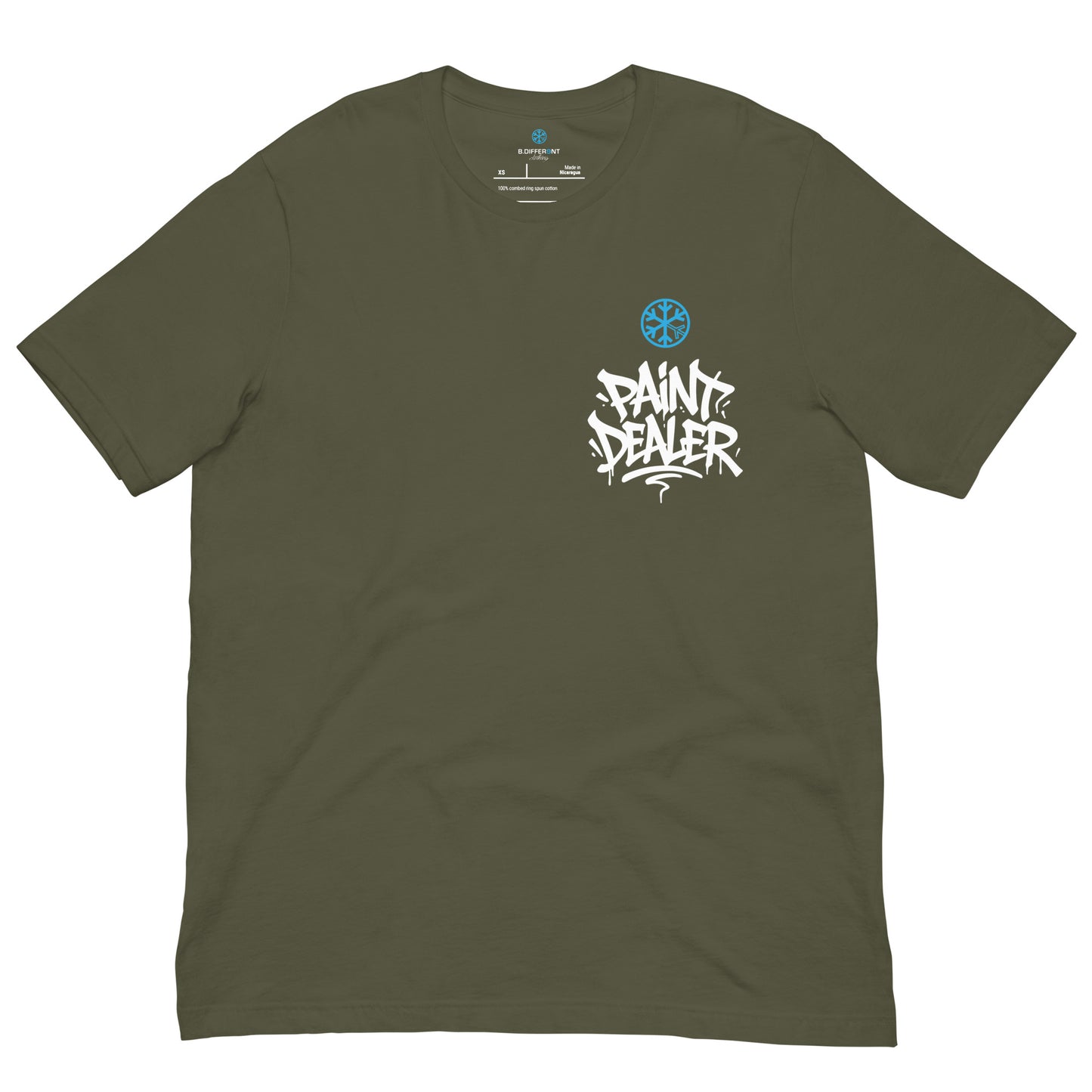 Green-Paint Dealer Graffiti Character Tee from B.Different Clothing, front view, graffiti-inspired streetwear t-shirt