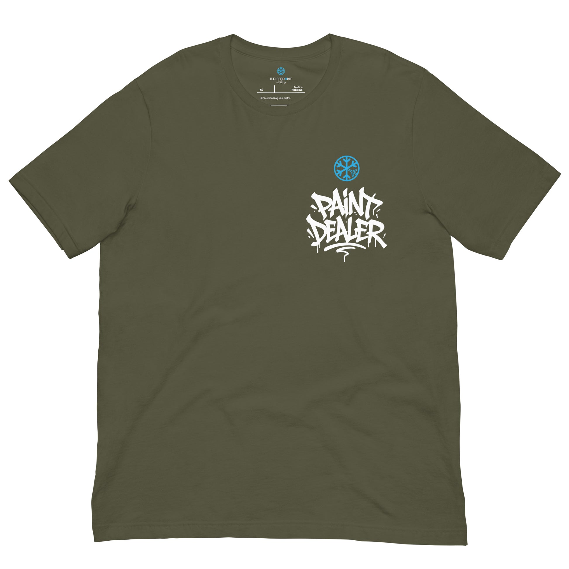 Green-Paint Dealer Graffiti Character Tee from B.Different Clothing, front view, graffiti-inspired streetwear t-shirt