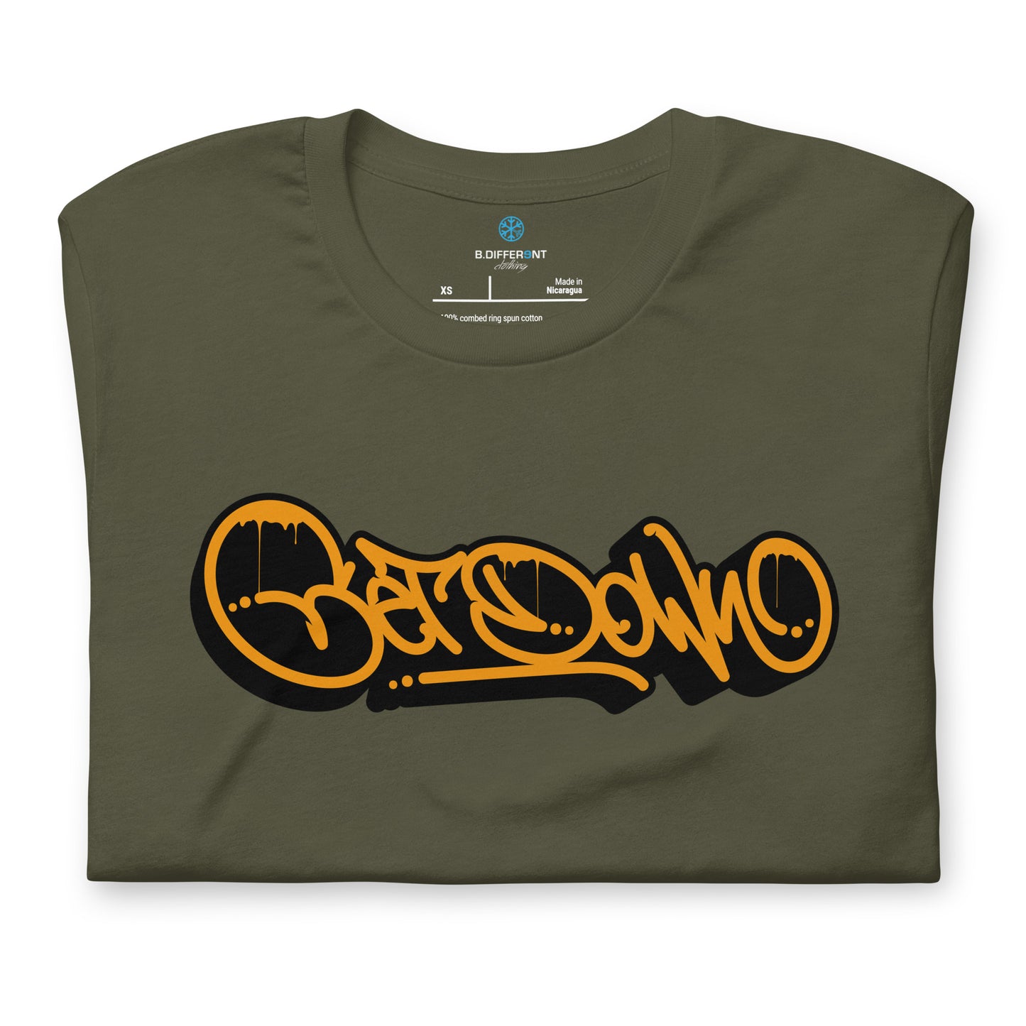 Green-Get Down Graffiti Tag Tee from B.Different Clothing, folded, graffiti-inspired streetwear t-shirt