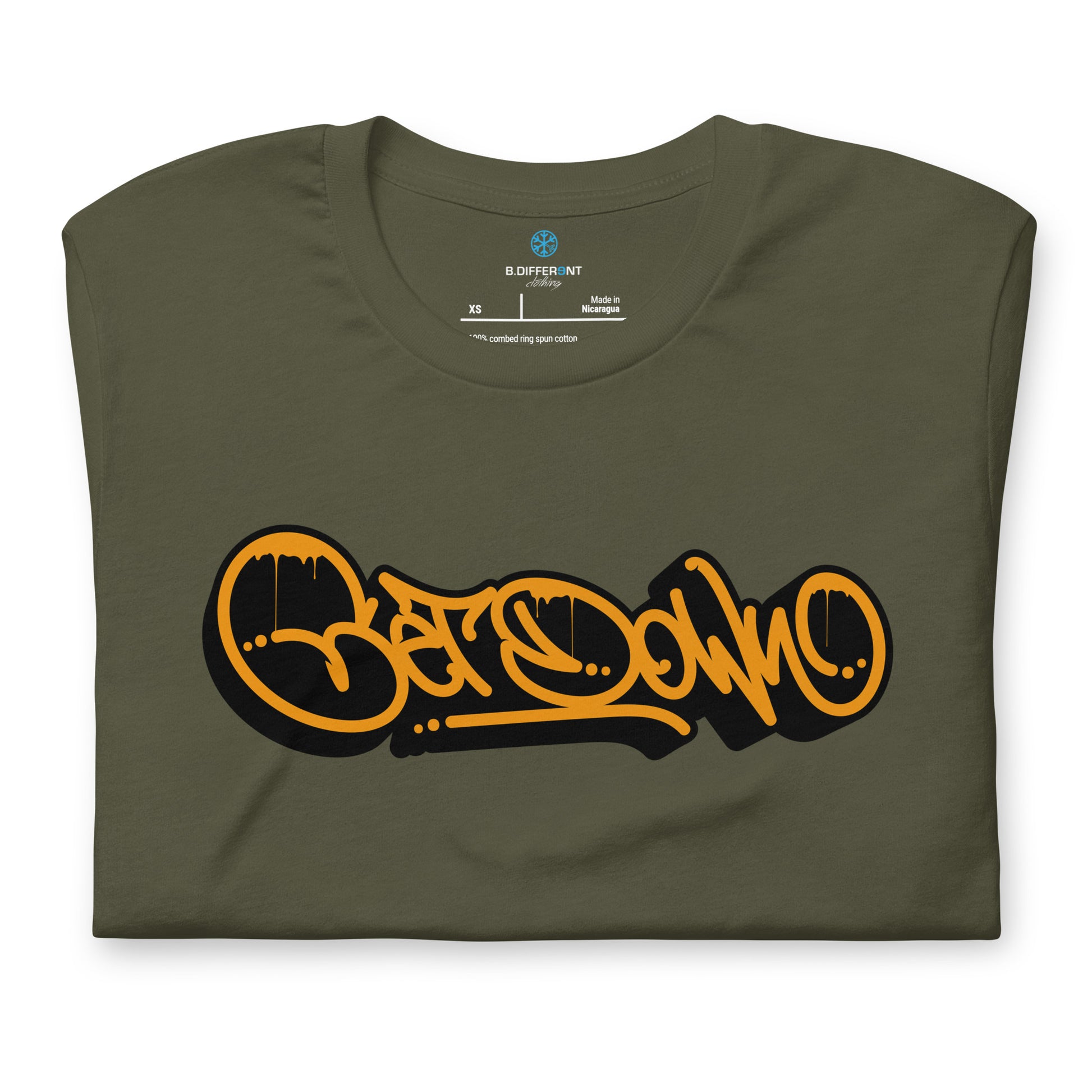 Green-Get Down Graffiti Tag Tee from B.Different Clothing, folded, graffiti-inspired streetwear t-shirt