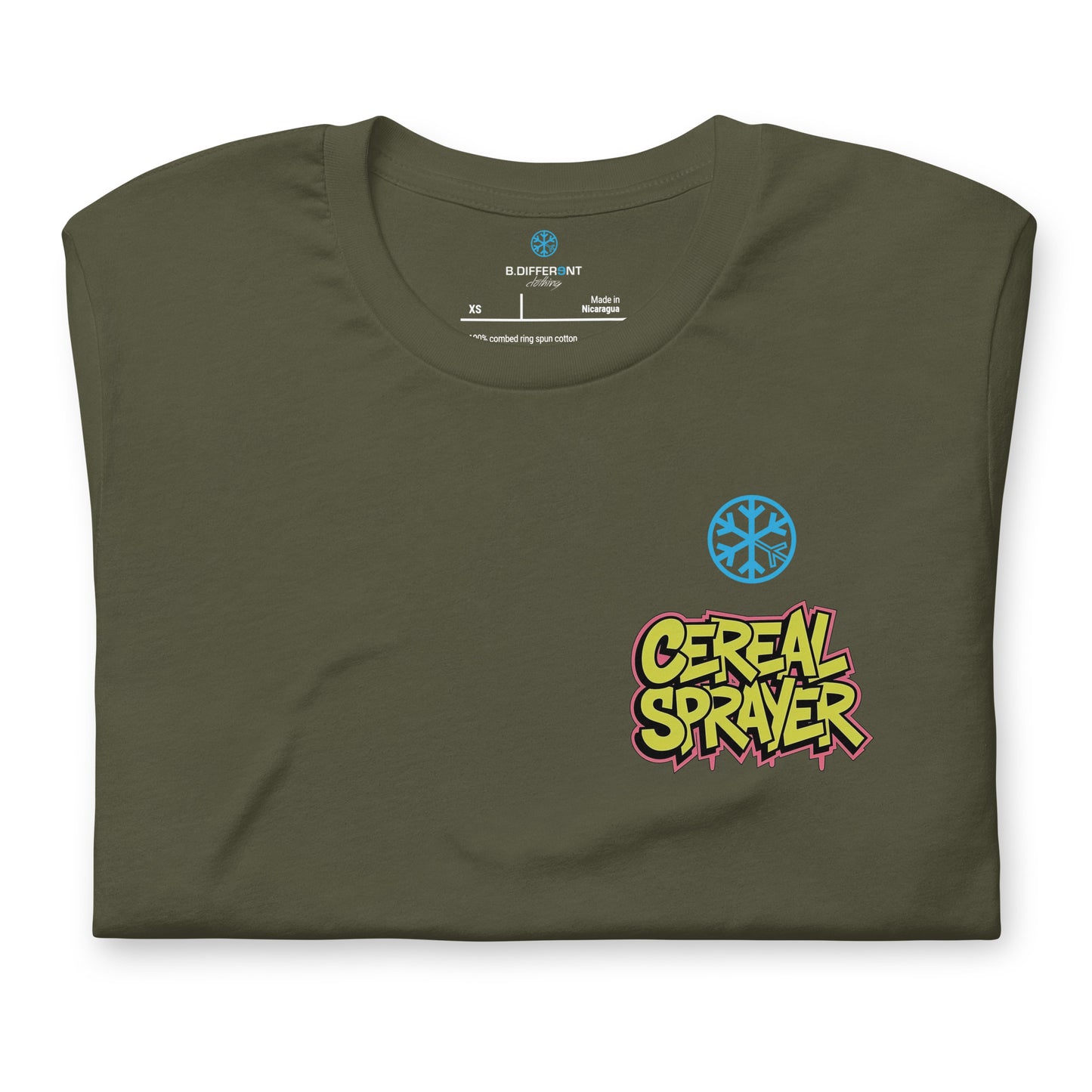Green-Cereal Sprayer Graffiti Tee from B.Different Clothing, folded, graffiti-inspired streetwear t-shirt
