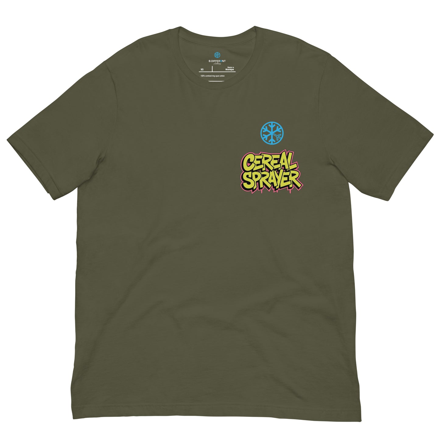 Green-Cereal Sprayer Graffiti Tee from B.Different Clothing, front view, graffiti-inspired streetwear t-shirt