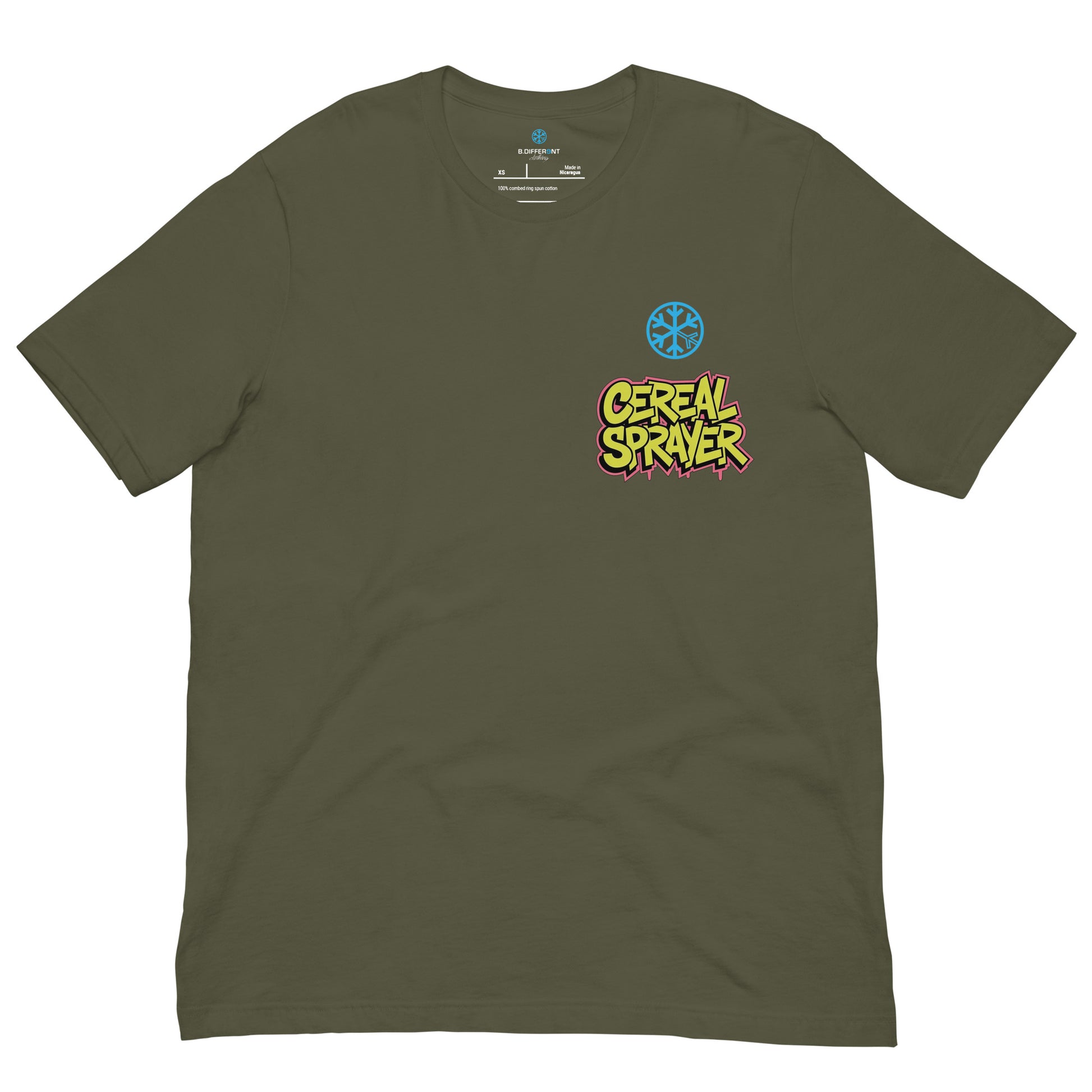 Green-Cereal Sprayer Graffiti Tee from B.Different Clothing, front view, graffiti-inspired streetwear t-shirt