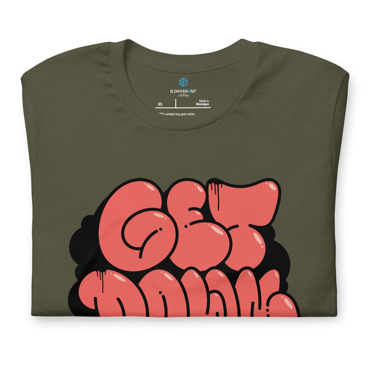 Green-Get Down Graffiti Throw-up Tee from B.Different Clothing, folded, graffiti-inspired streetwear t-shirt