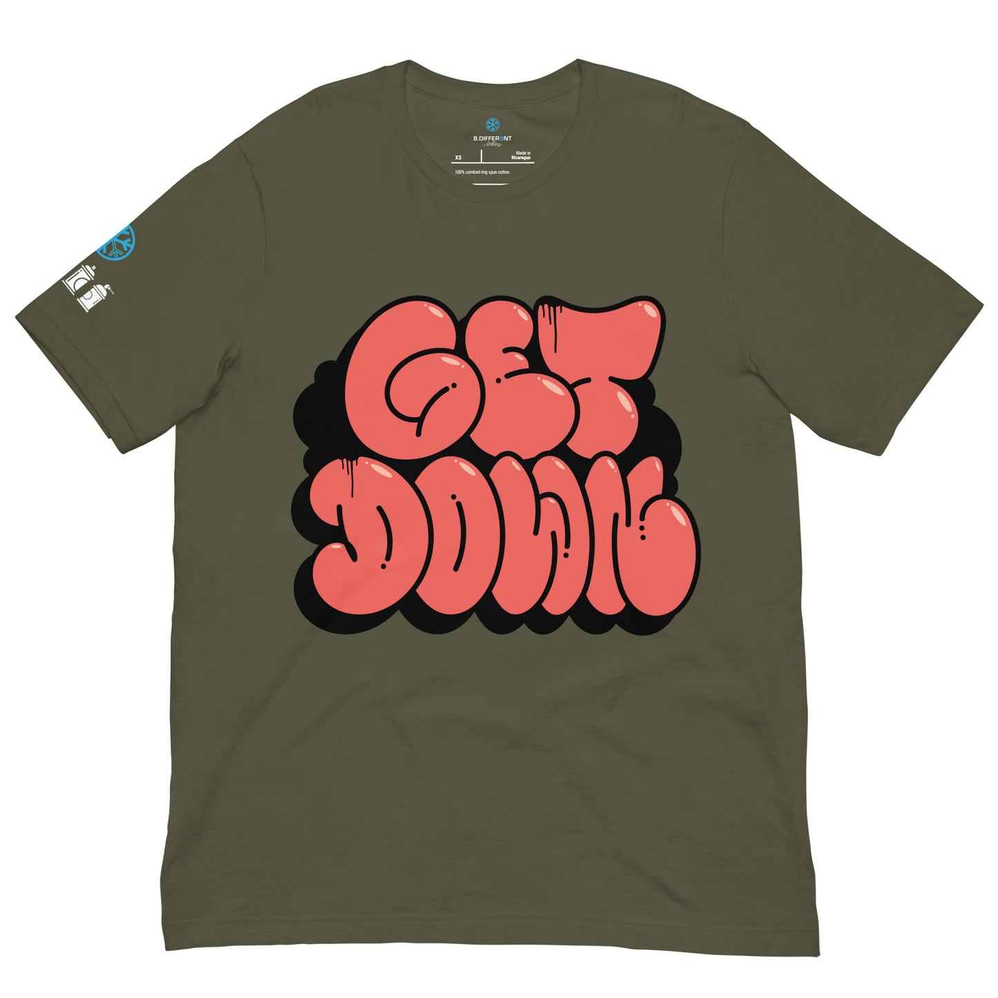 Green-Get Down Graffiti Throw-up Tee from B.Different Clothing, front view, graffiti-inspired streetwear t-shirt