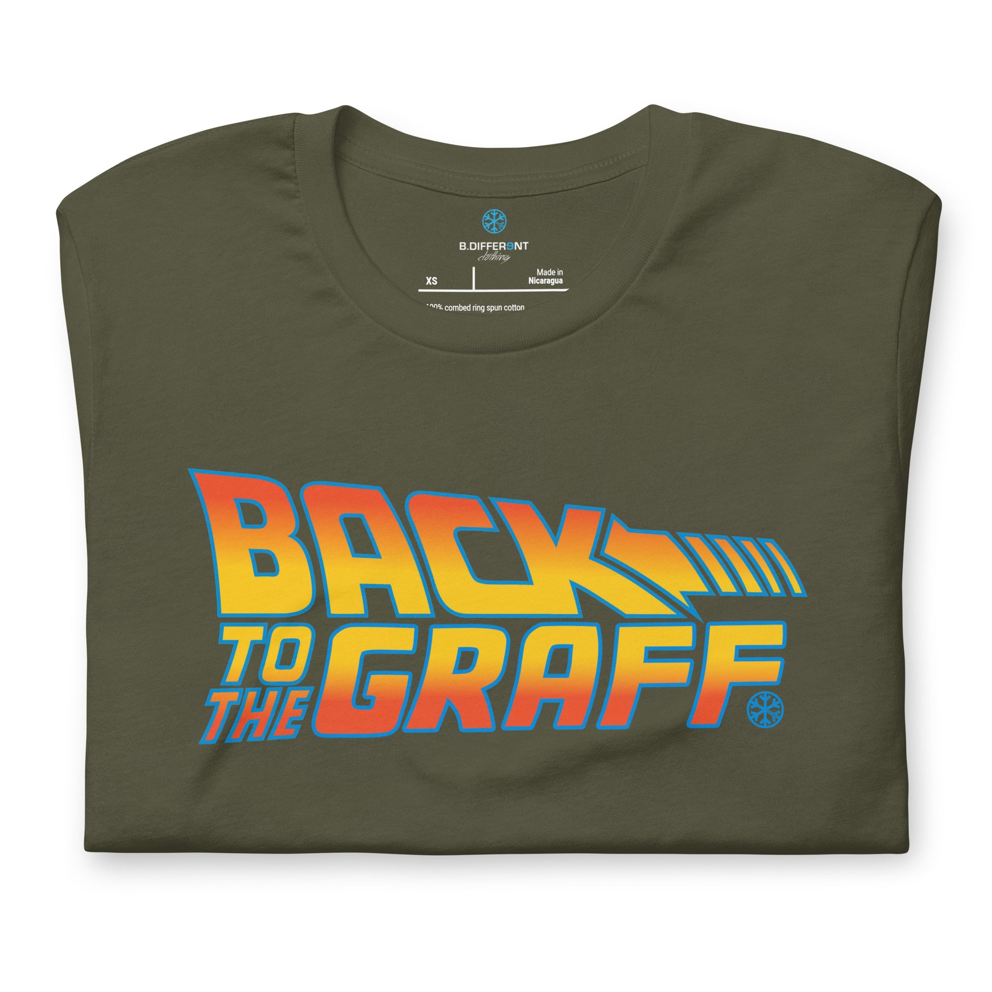 Green-Back to the Graff Tee from B.Different Clothing, folded, graffiti-inspired streetwear t-shirt