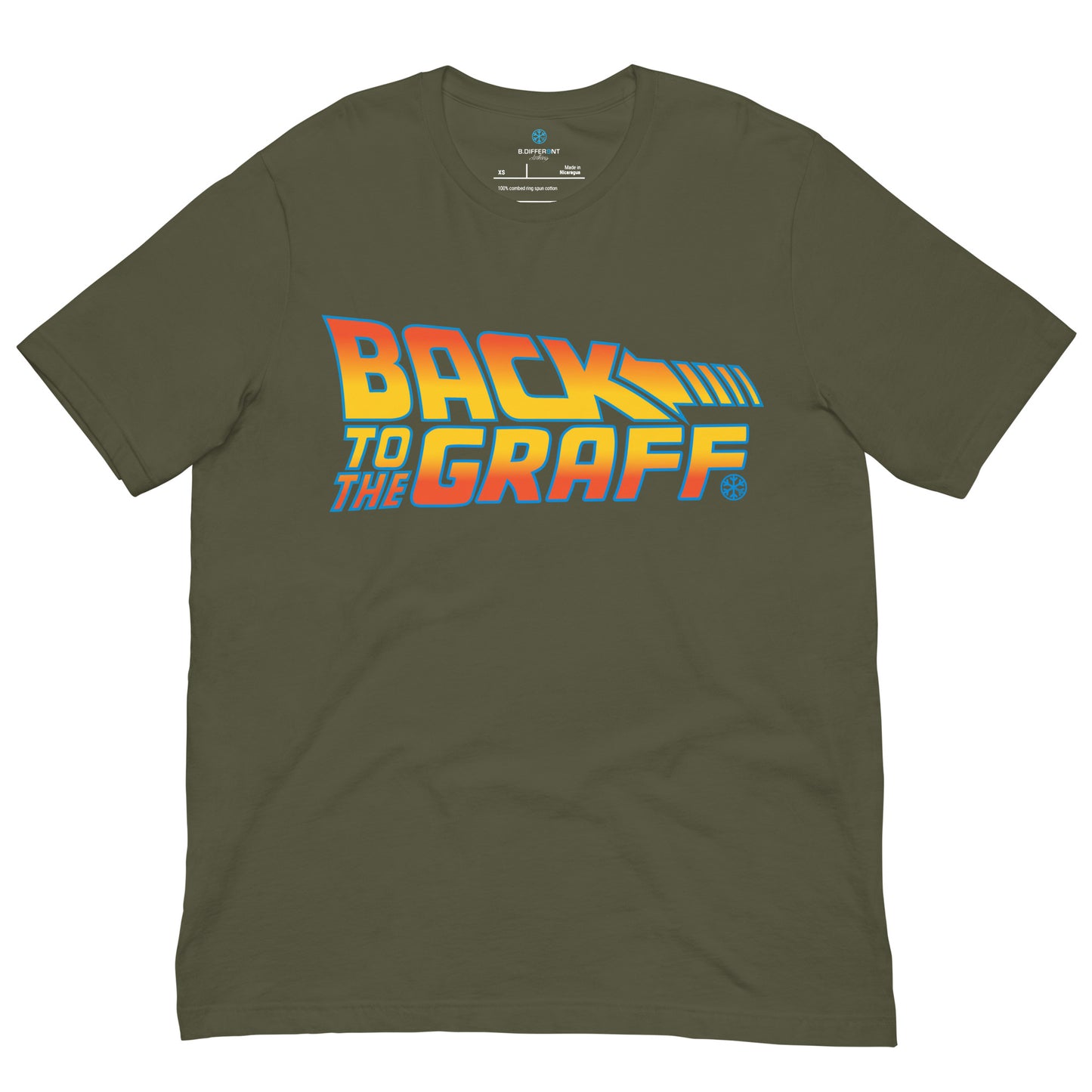 Green-Back to the Graff Tee from B.Different Clothing, front view, graffiti-inspired streetwear t-shirt