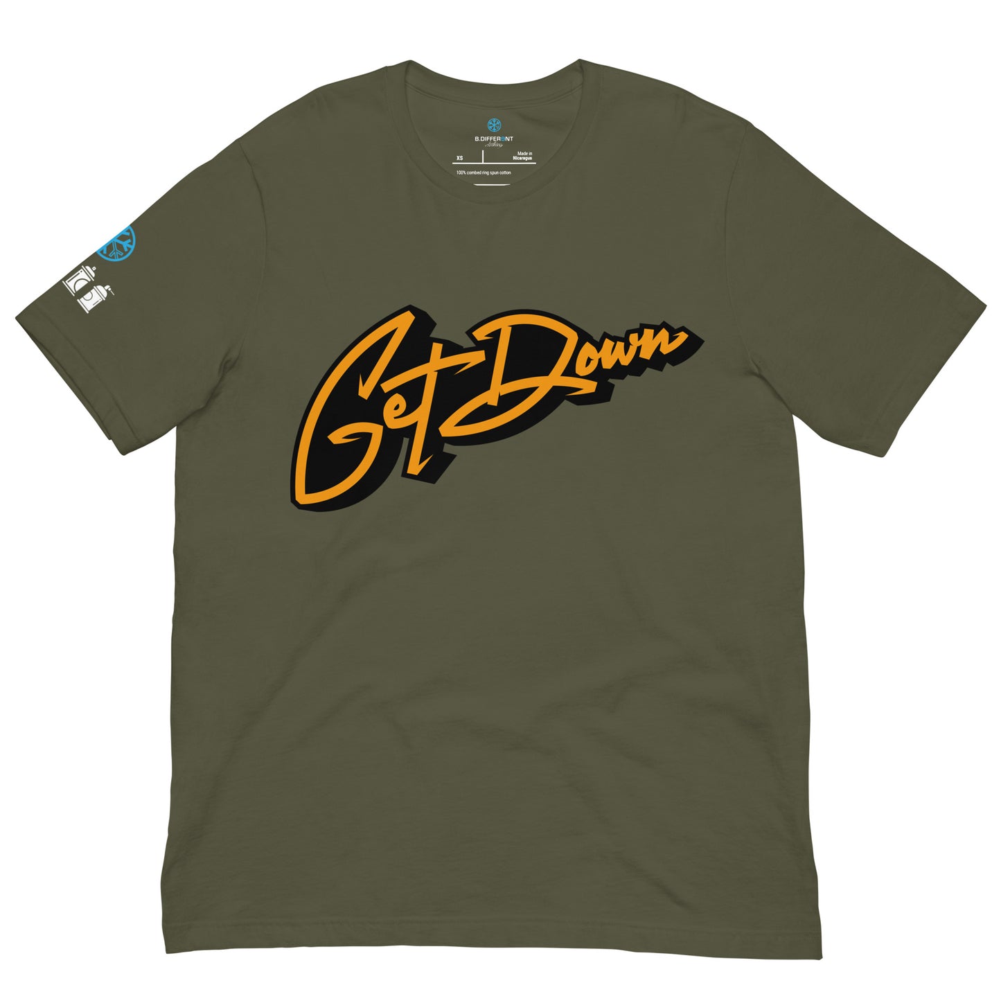 Green-Get Down Graffiti Tag Tee from B.Different Clothing, front view, graffiti-inspired streetwear t-shirt