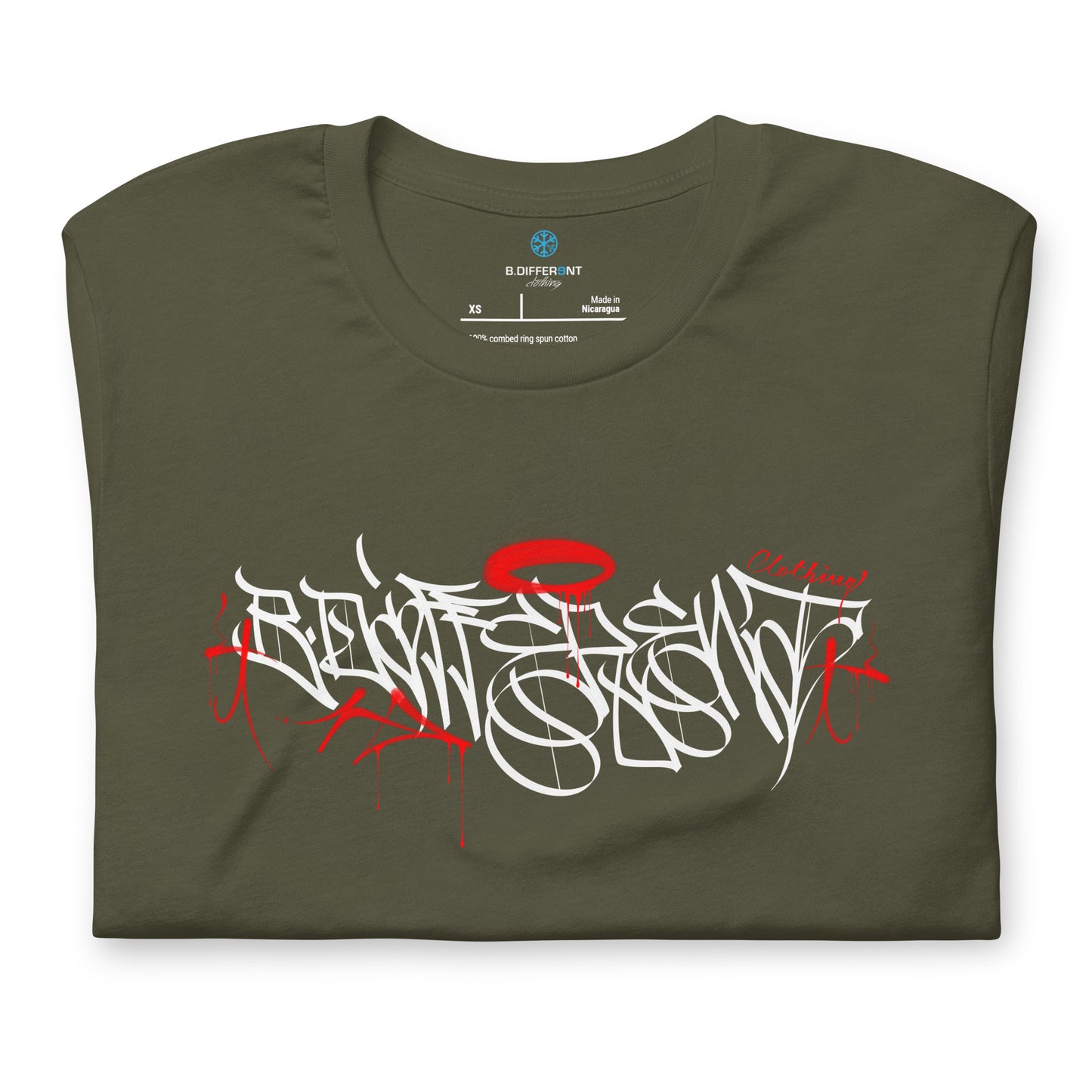Green-Caos One Collab Graffiti Tee from B.Different Clothing, folded, graffiti-inspired streetwear t-shirt