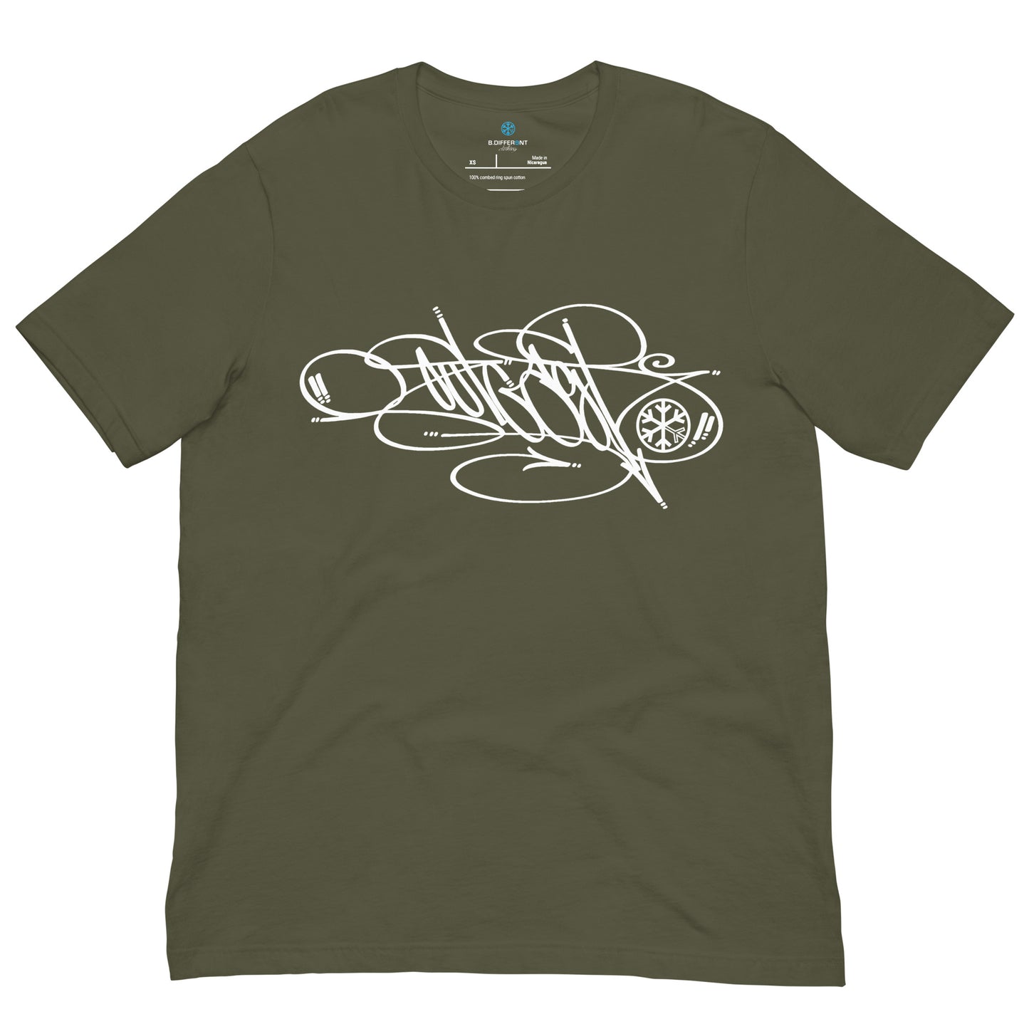 Green-Outcast Tag Tee by Graffiti Dad from B.Different Clothing, front view, graffiti-inspired streetwear t-shirt