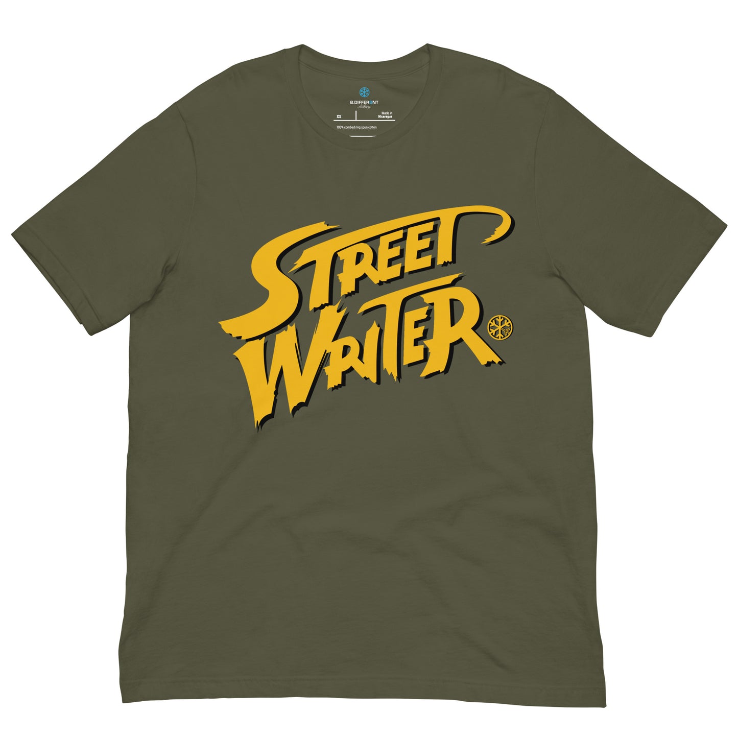 Green-Street Writer Graffiti Tee from B.Different Clothing, front view, graffiti-inspired streetwear t-shirt