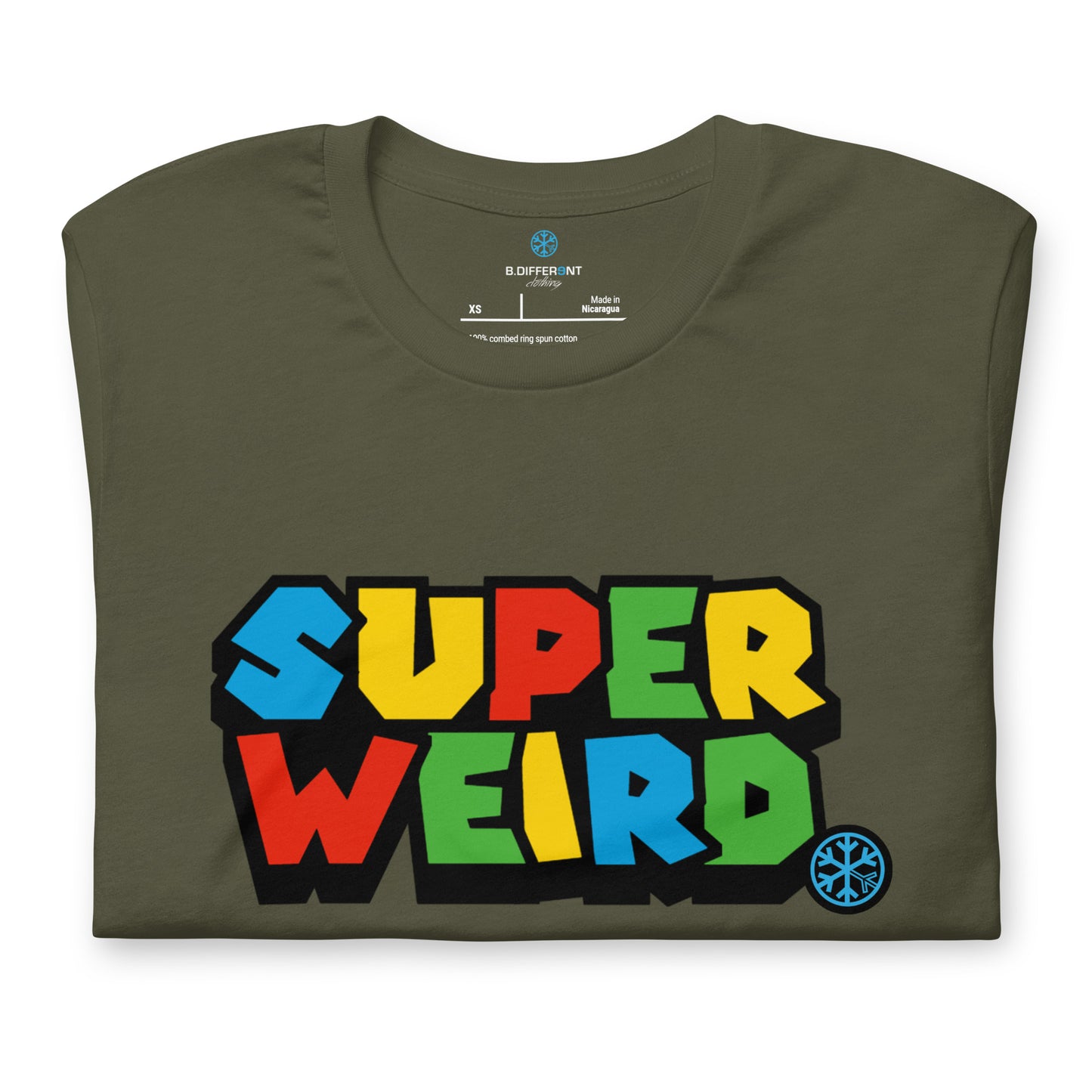 Green-Super Weird Tee from B.Different Clothing, folded, graffiti-inspired streetwear t-shirt