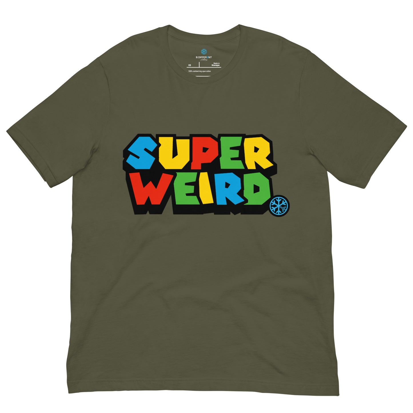 Green-Super Weird Tee from B.Different Clothing, front view, graffiti-inspired streetwear t-shirt