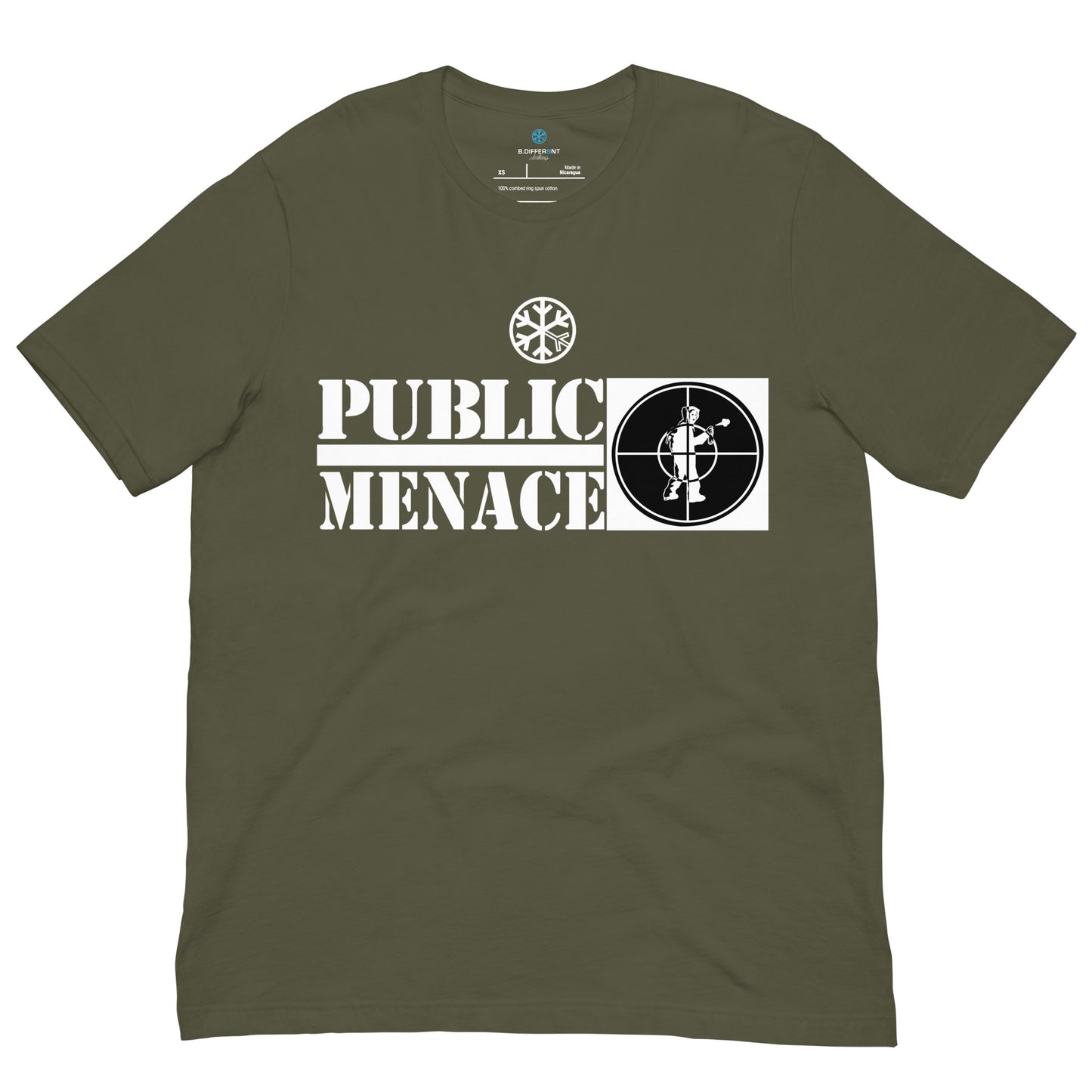 Green-Public Menace Graffiti Tee from B.Different Clothing, front view, graffiti-inspired streetwear t-shirt