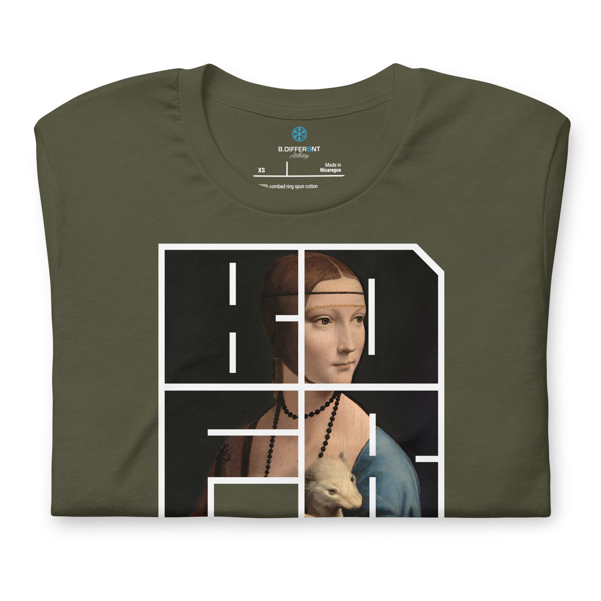 Green-BDFRNT Blockbuster x Lady With Ermine Graffiti Tee from B.Different Clothing, folded, graffiti-inspired streetwear t-shirt