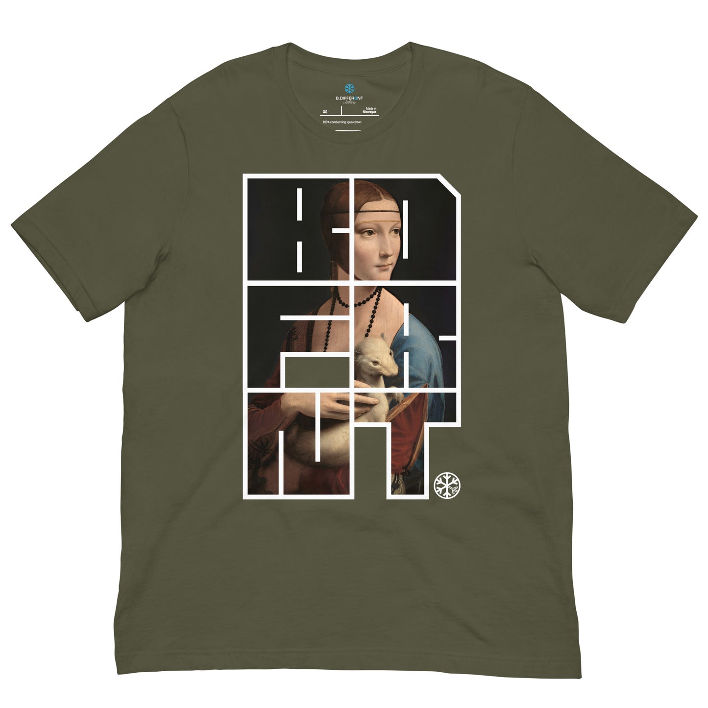 Green-BDFRNT Blockbuster x Lady With Ermine Graffiti Tee from B.Different Clothing, front view, graffiti-inspired streetwear t-shirt