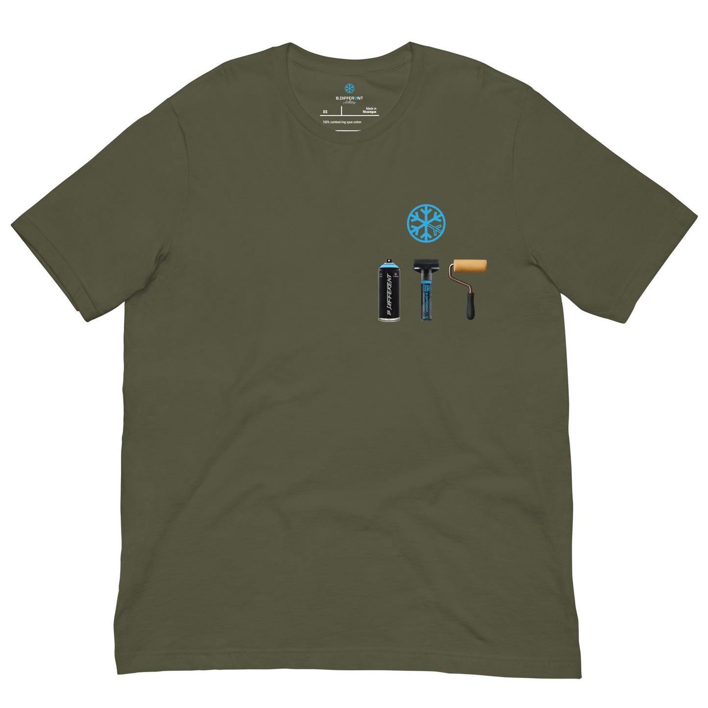 Green-Graffiti Artist Action Figure Tee from B.Different Clothing, front view, graffiti-inspired streetwear t-shirt