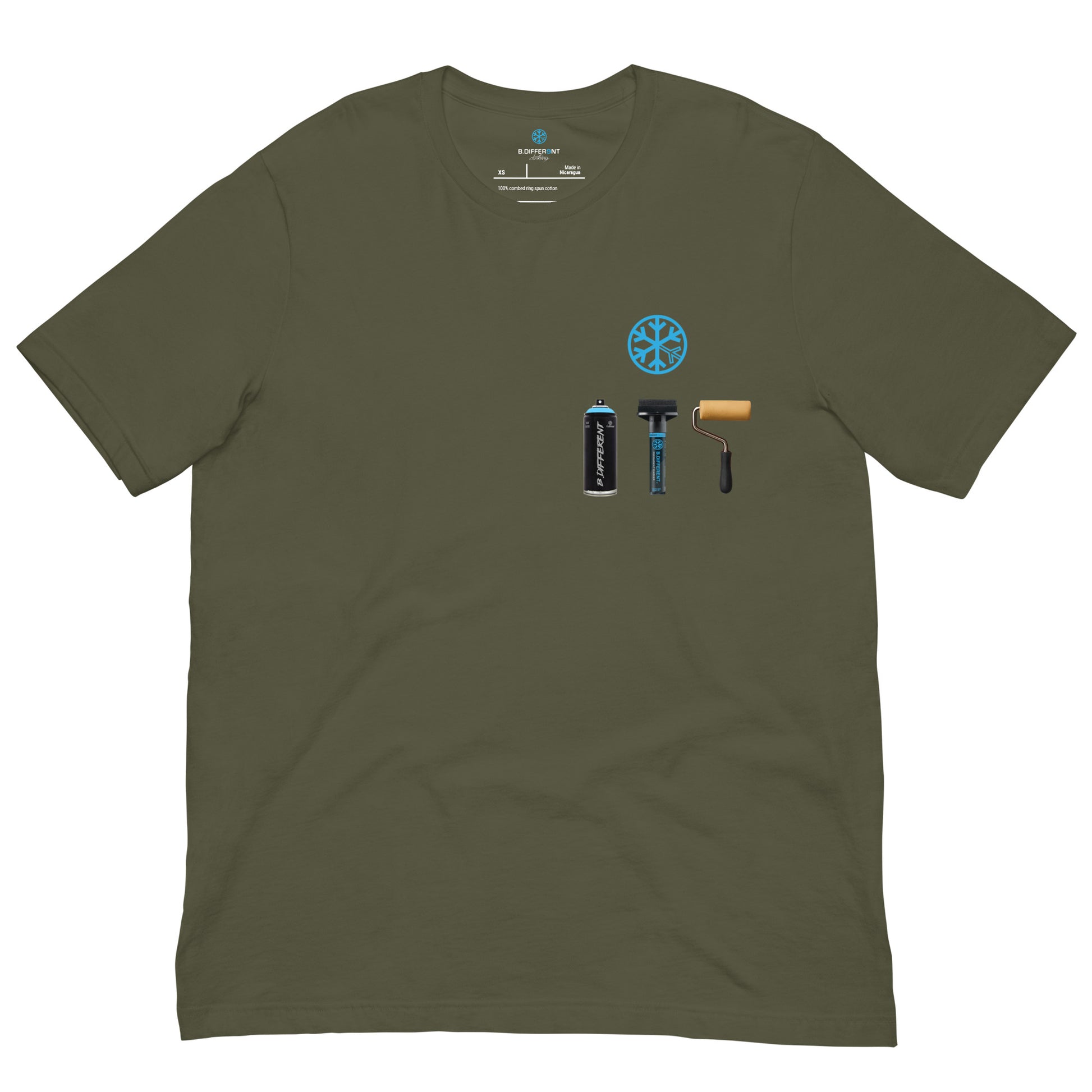 Green-Graffiti Artist Action Figure Tee from B.Different Clothing, front view, graffiti-inspired streetwear t-shirt