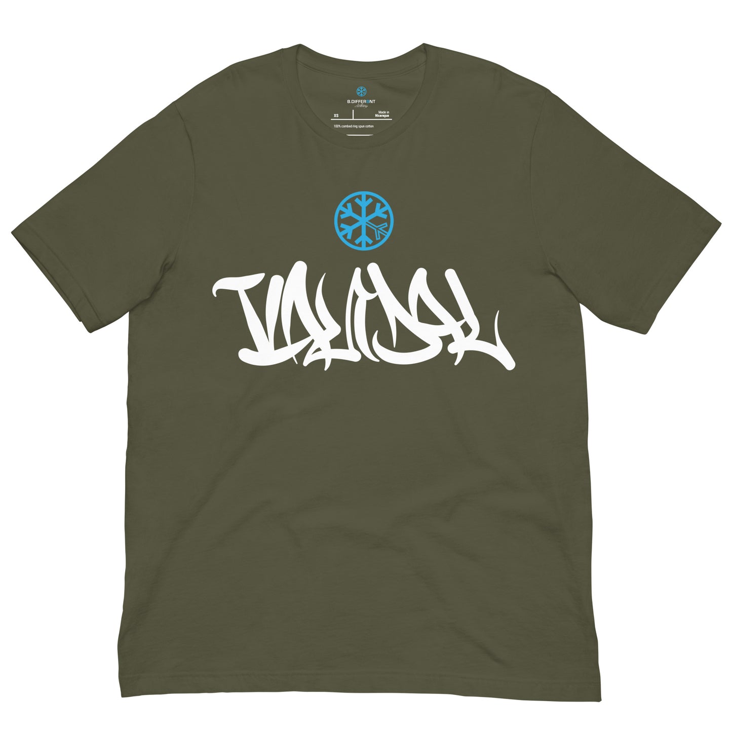 Green-Vandal Graffiti Tag Tee from B.Different Clothing, front view, graffiti-inspired streetwear t-shirt