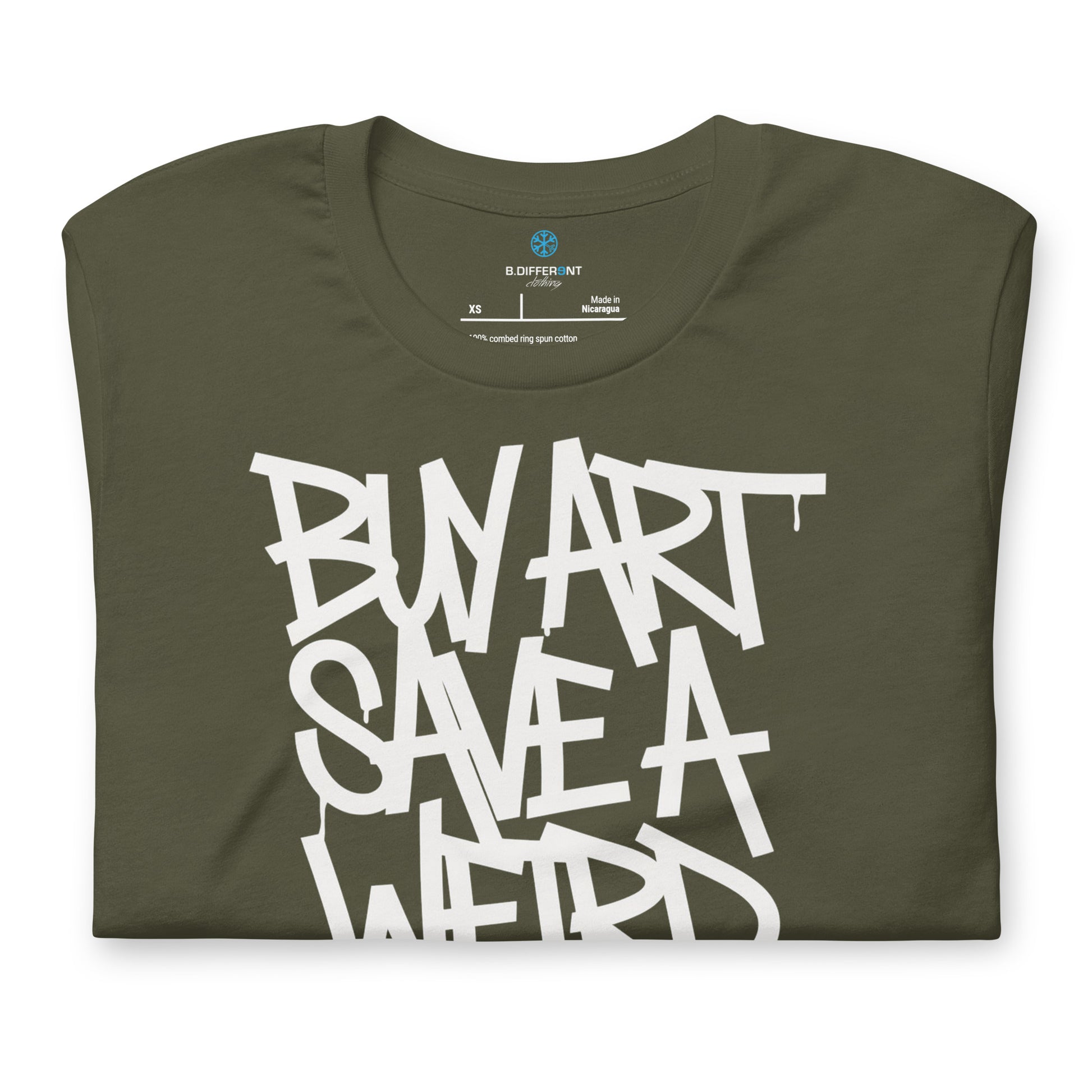 Green-Buy Art Save a Weird Person Graffiti Tee from B.Different Clothing, folded, graffiti-inspired streetwear t-shirt