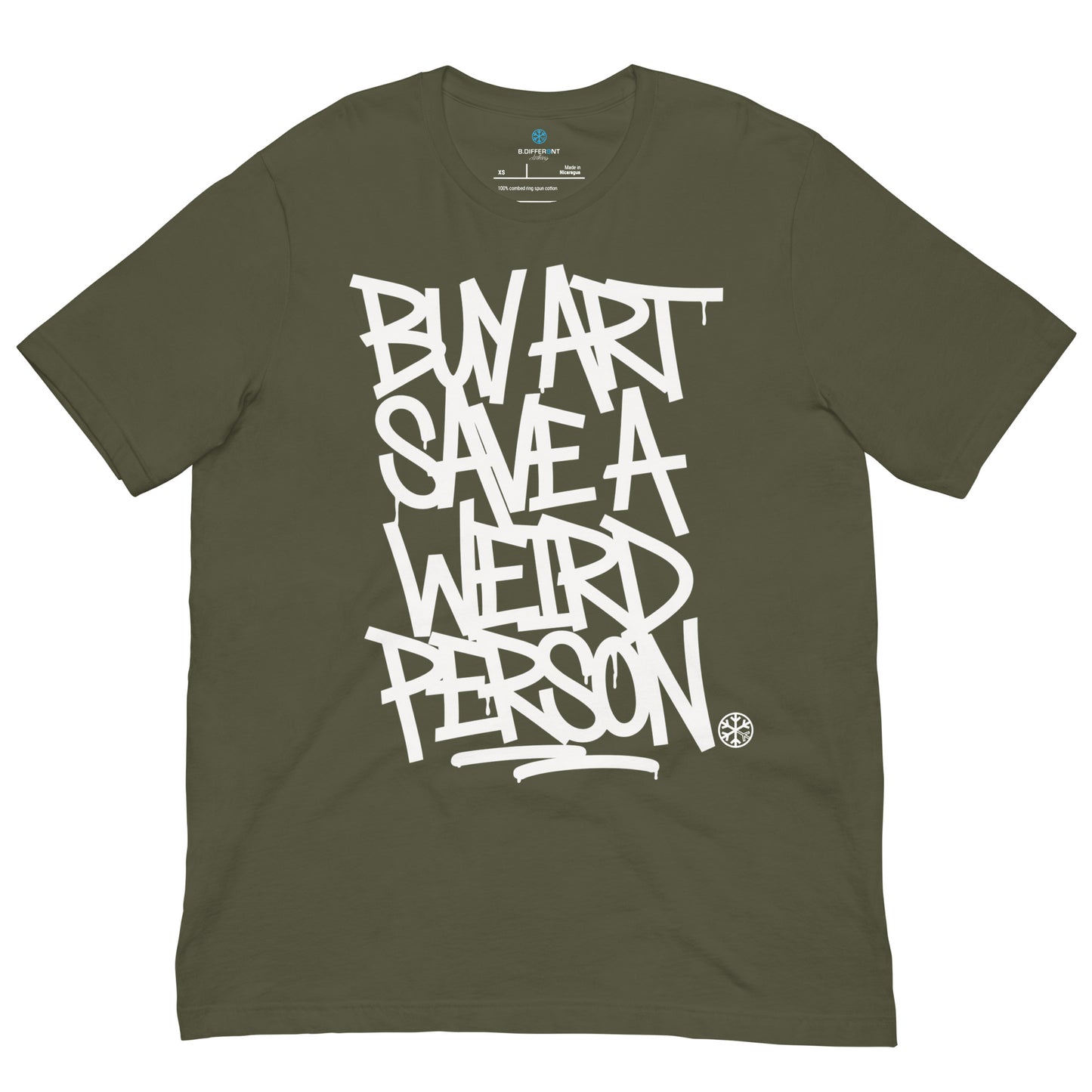 Green-Buy Art Save a Weird Person Graffiti Tee from B.Different Clothing, front view, graffiti-inspired streetwear t-shirt