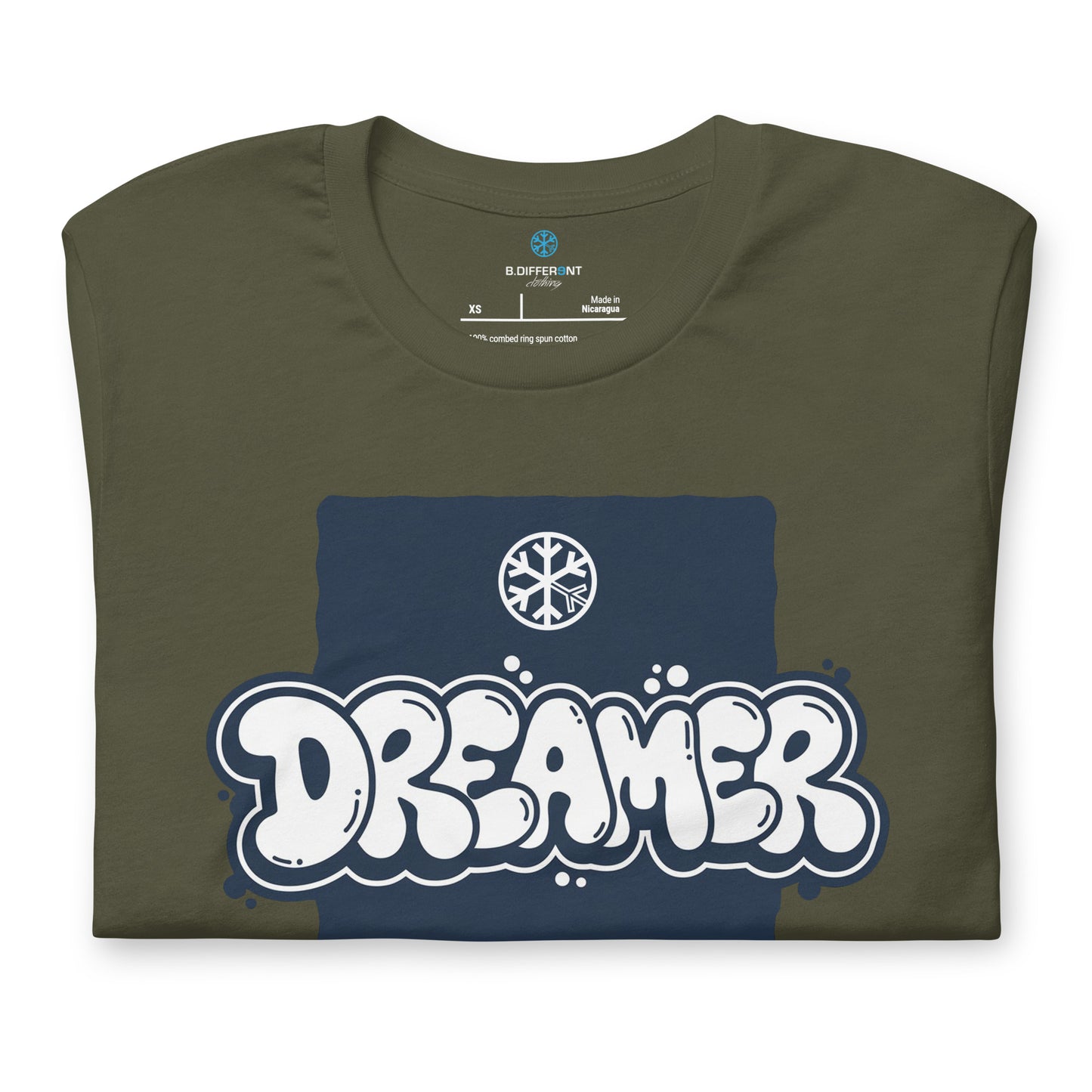 Green-Dreamer Graffiti Throw-up Tee from B.Different Clothing, folded, graffiti-inspired streetwear t-shirt