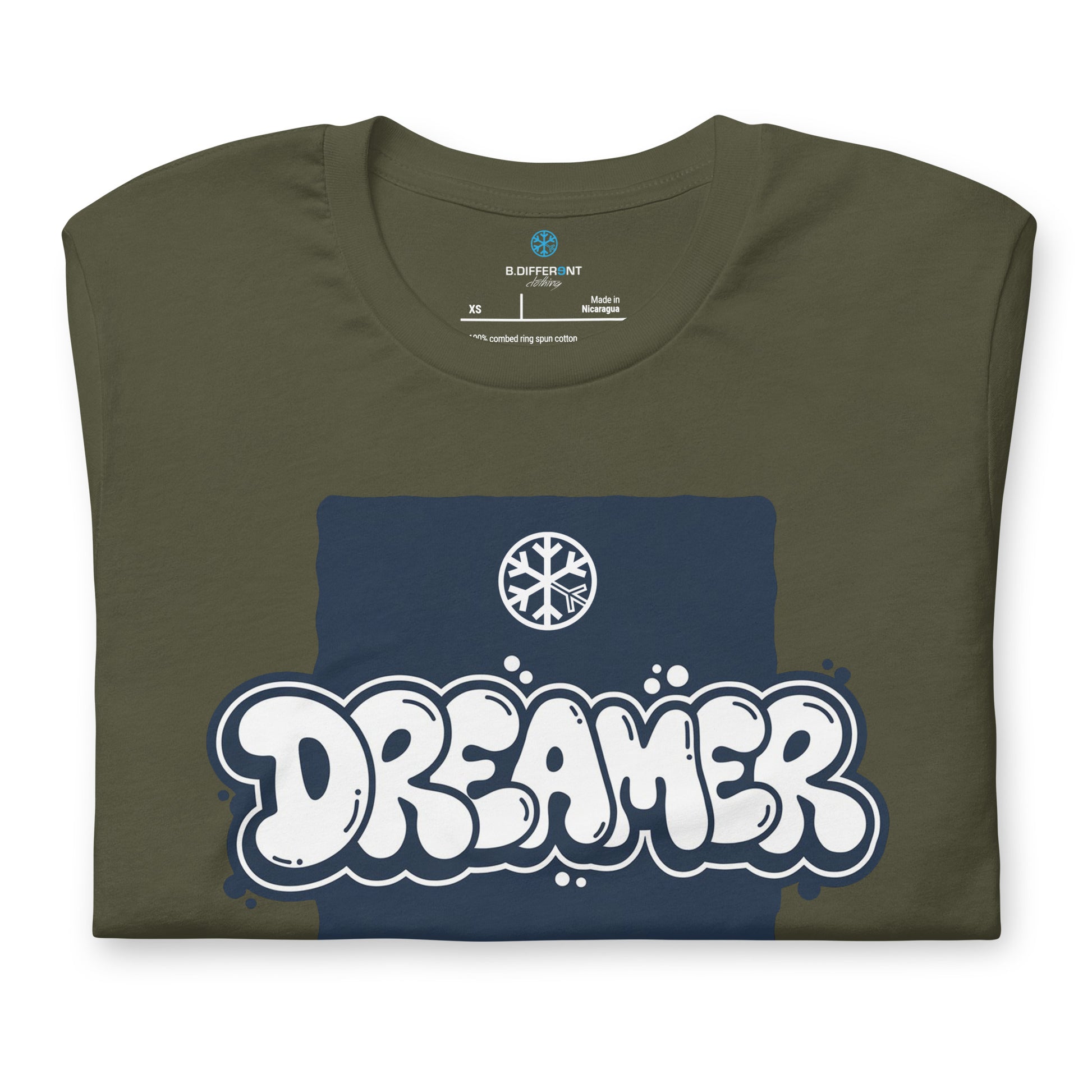 Green-Dreamer Graffiti Throw-up Tee from B.Different Clothing, folded, graffiti-inspired streetwear t-shirt