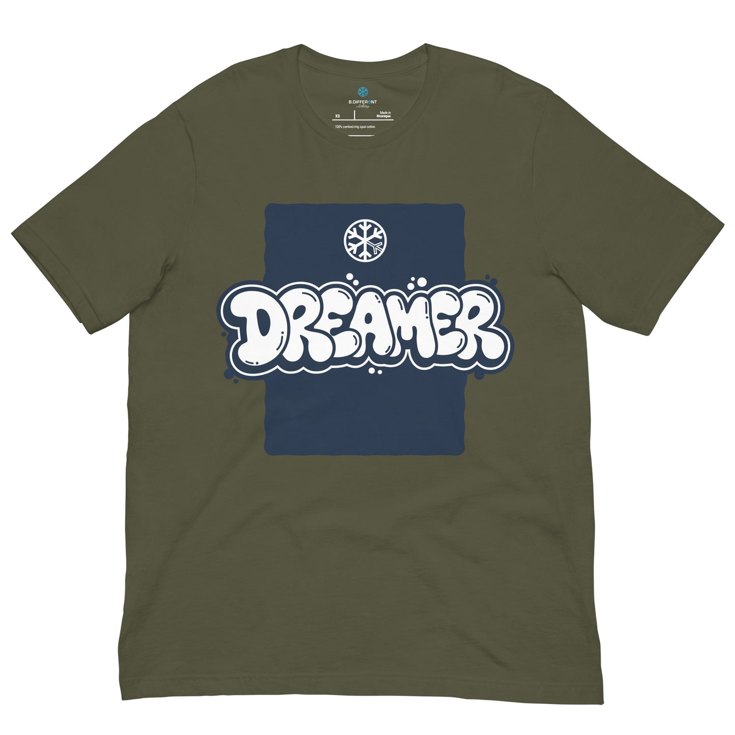 Green-Dreamer Graffiti Throw-up Tee from B.Different Clothing, front view, graffiti-inspired streetwear t-shirt