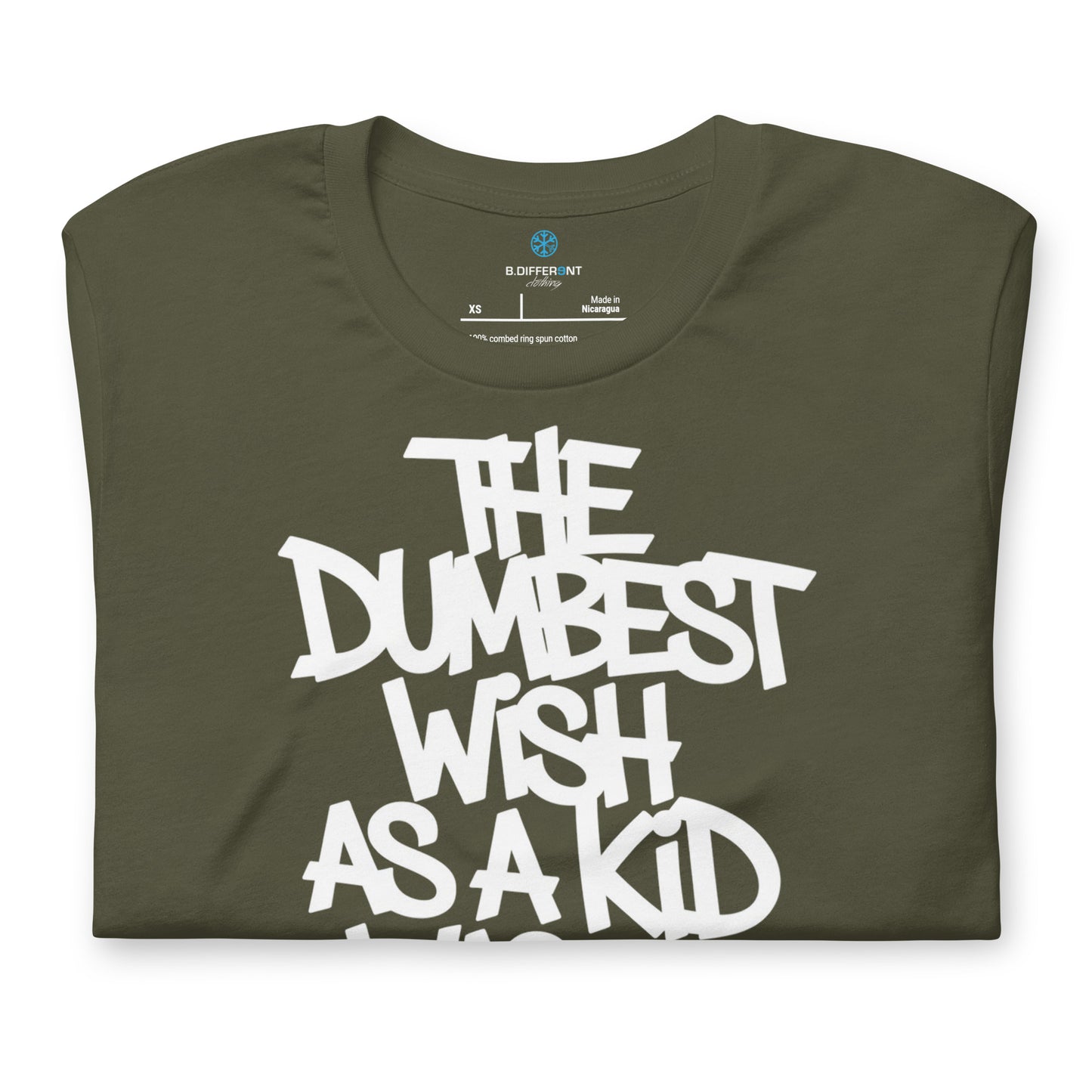 Green-The Dumbest Wish Graffiti Tag Tee from B.Different Clothing, folded, graffiti-inspired streetwear t-shirt