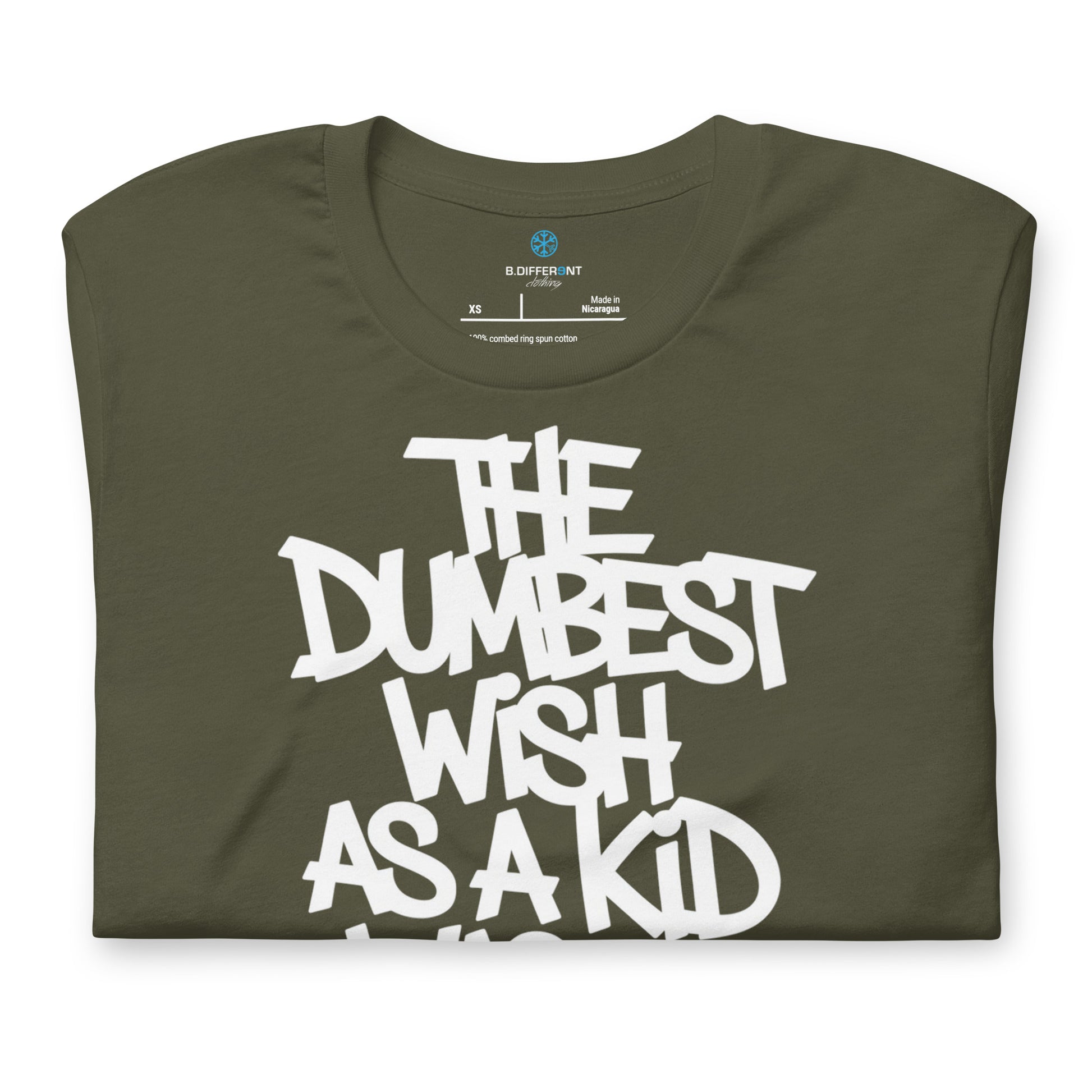 Green-The Dumbest Wish Graffiti Tag Tee from B.Different Clothing, folded, graffiti-inspired streetwear t-shirt