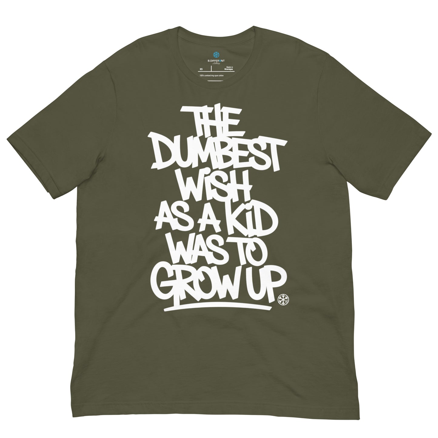 Green-The Dumbest Wish Graffiti Tag Tee from B.Different Clothing, front view, graffiti-inspired streetwear t-shirt