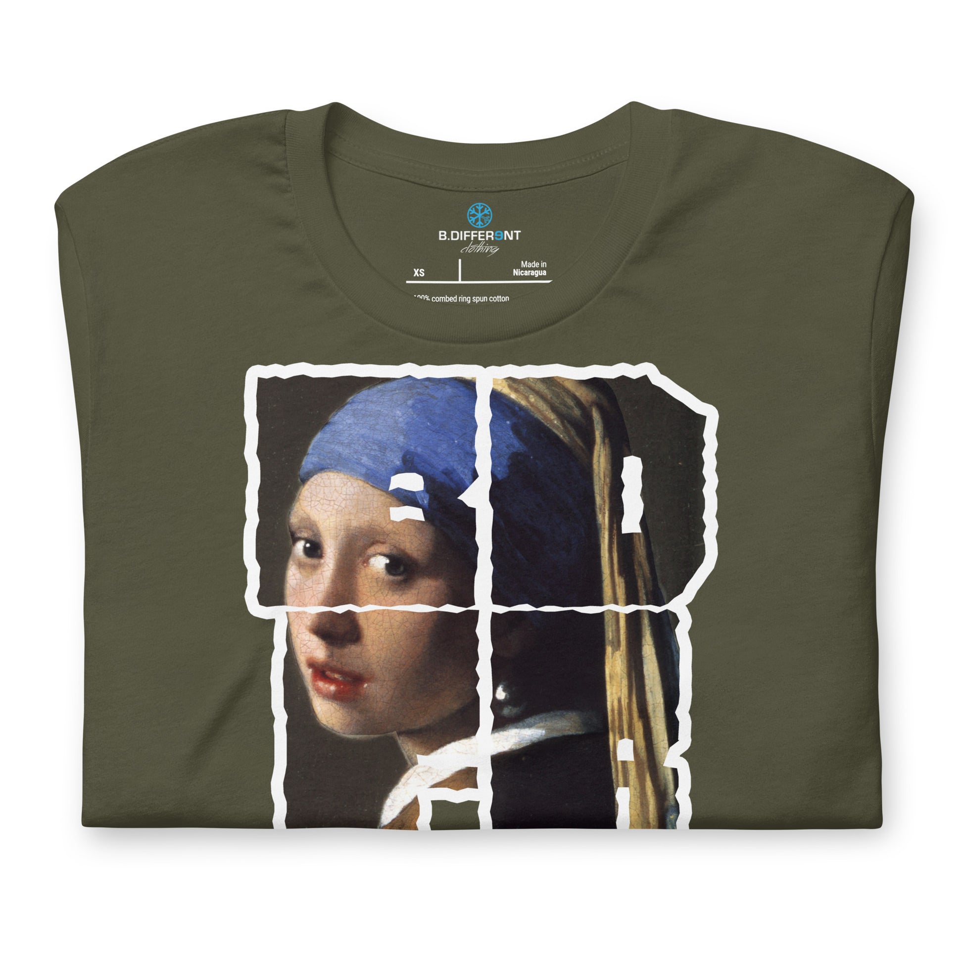 Military Green-BDFRNT Blockbuster x Girl With Pearl Earring Tee from B.Different Clothing, front view, graffiti-inspired streetwear