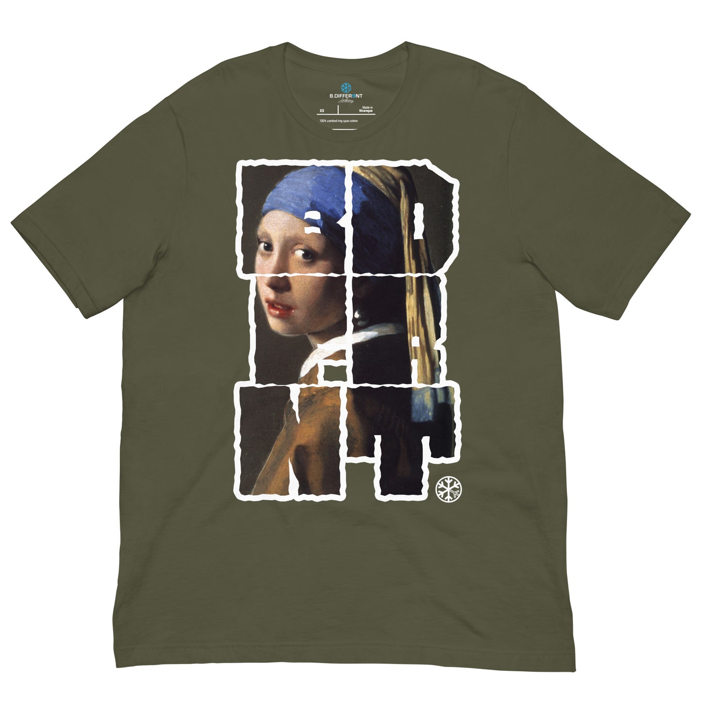 Military Green-BDFRNT Blockbuster x Girl With Pearl Earring Tee from B.Different Clothing, front view, graffiti-inspired streetwear