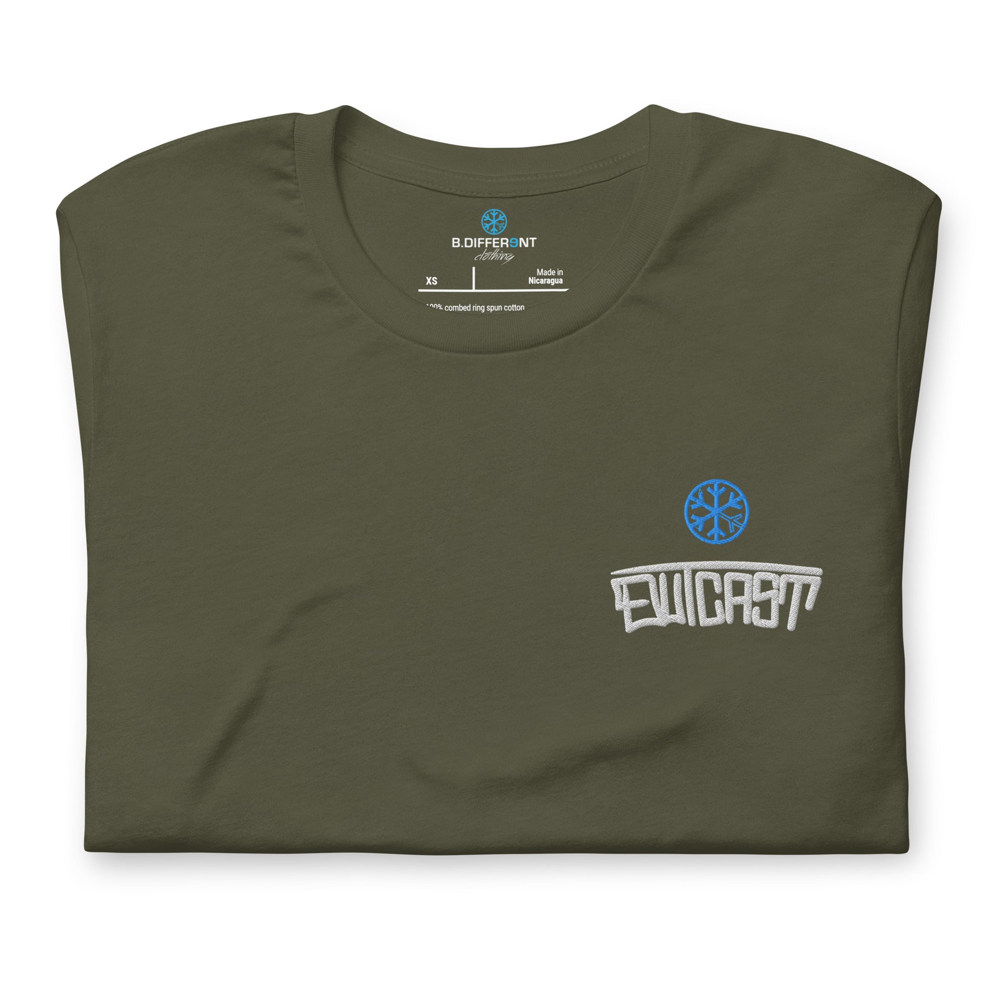 Army Green-Outcast Graffiti Tag Tee from B.Different Clothing, folded, graffiti-inspired streetwear t-shirt