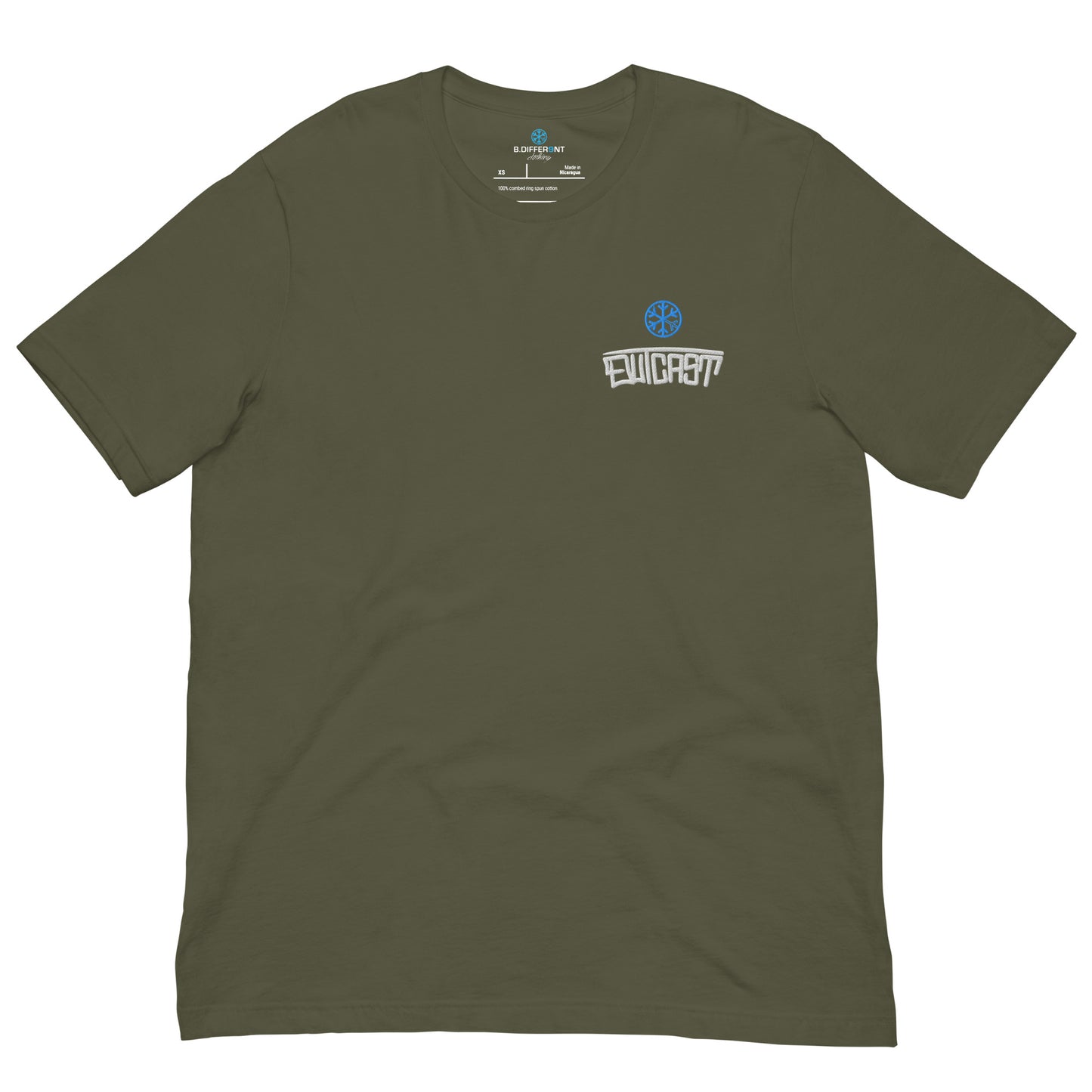 Army Green-Outcast Graffiti Tag Tee from B.Different Clothing, front view, graffiti-inspired streetwear t-shirt