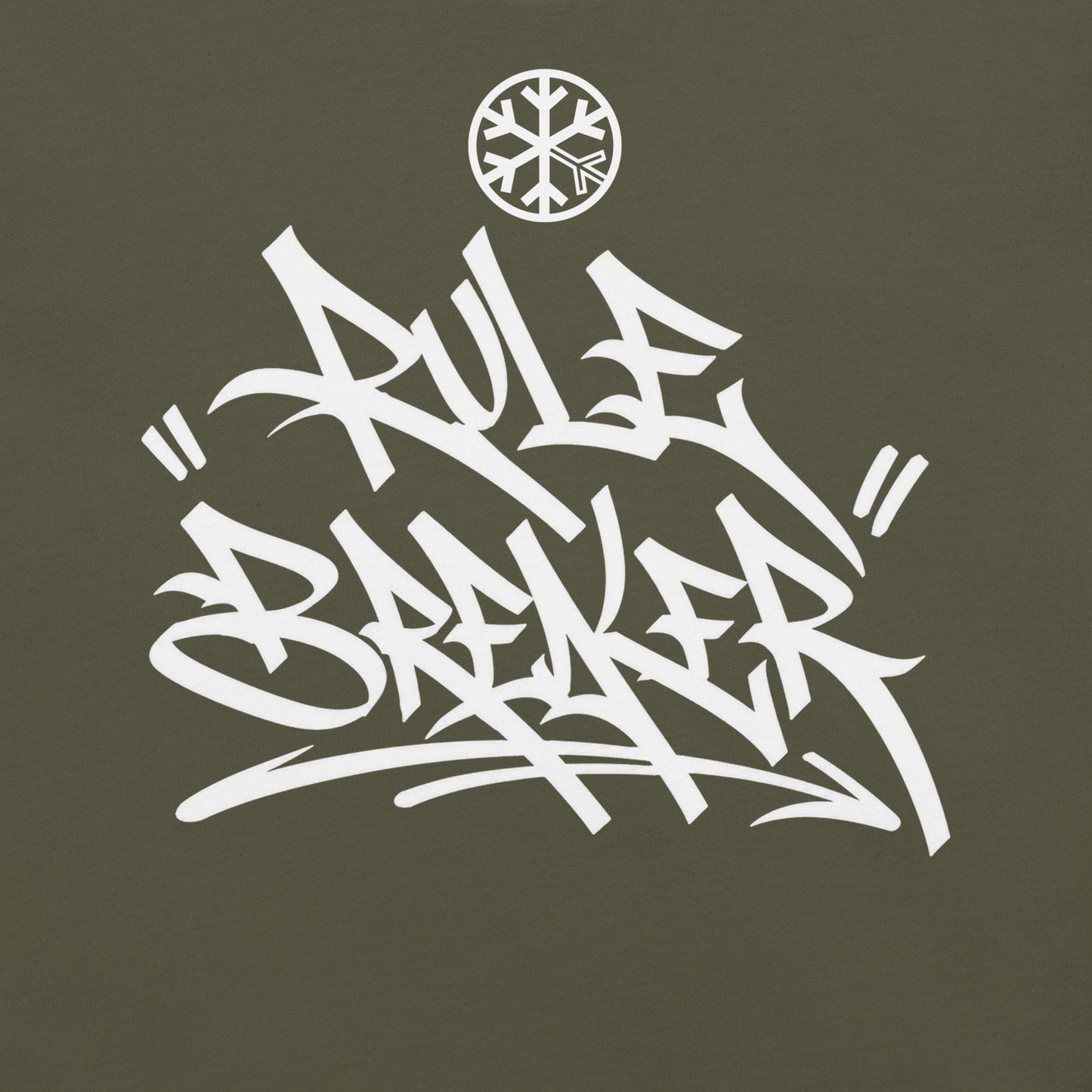 Army Green-Rule Breaker Graffiti Tag Tee from B.Different Clothing, front graphic, graffiti-inspired streetwear