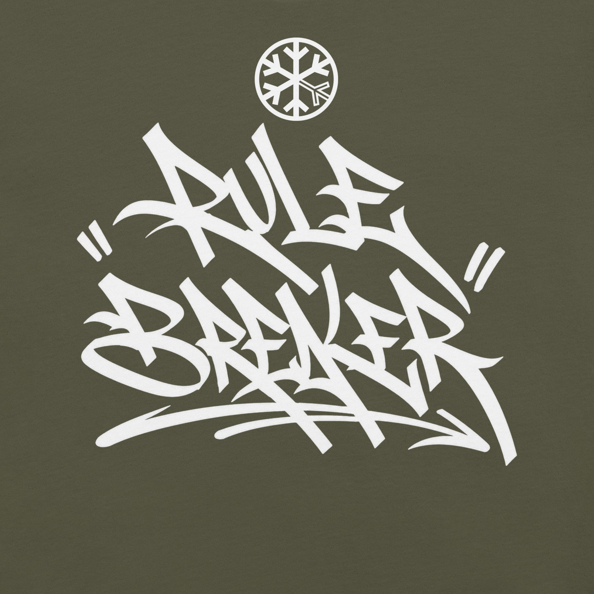 Army Green-Rule Breaker Graffiti Tag Tee from B.Different Clothing, front graphic, graffiti-inspired streetwear