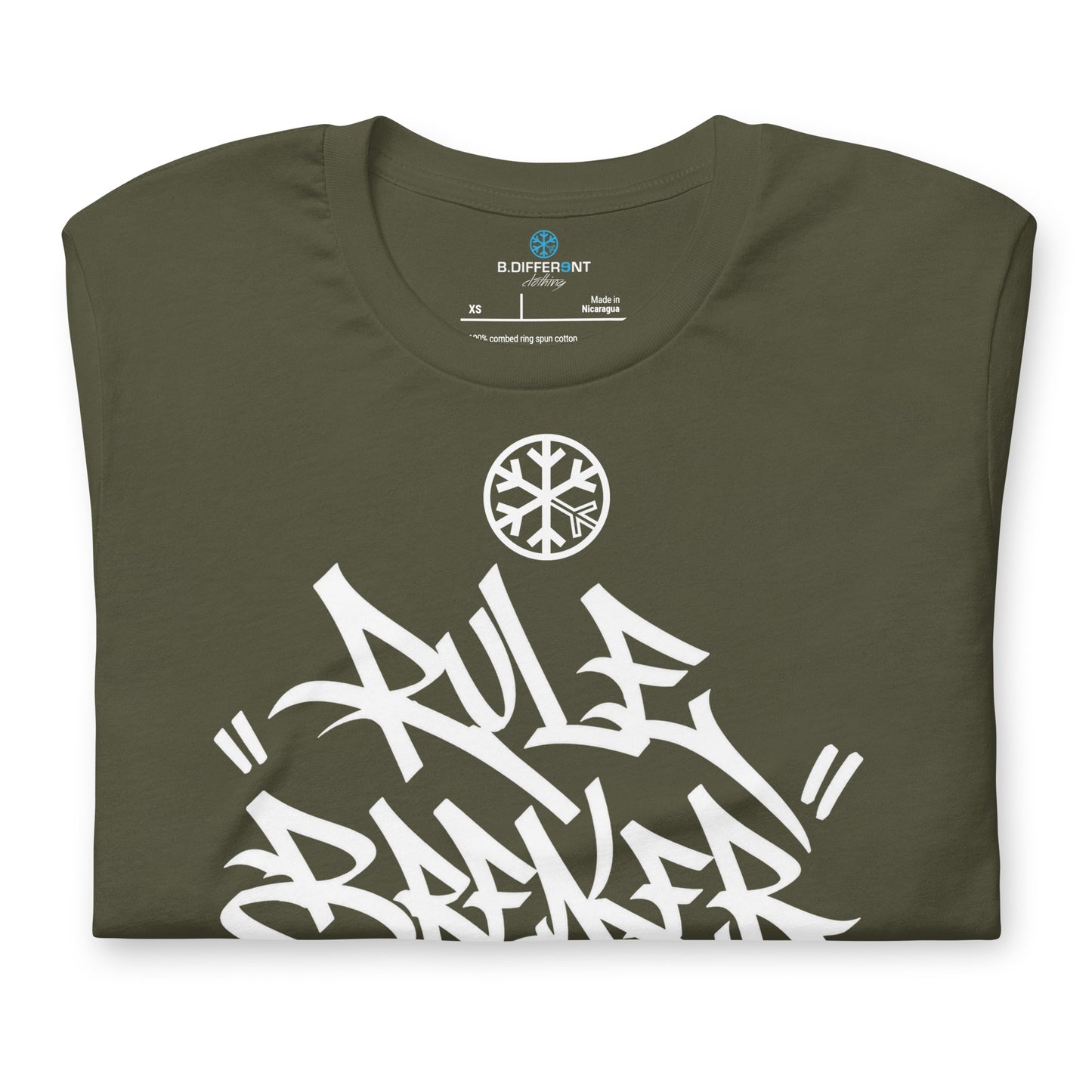 Army Green-Rule Breaker Graffiti Tag Tee from B.Different Clothing, folded, graffiti-inspired streetwear