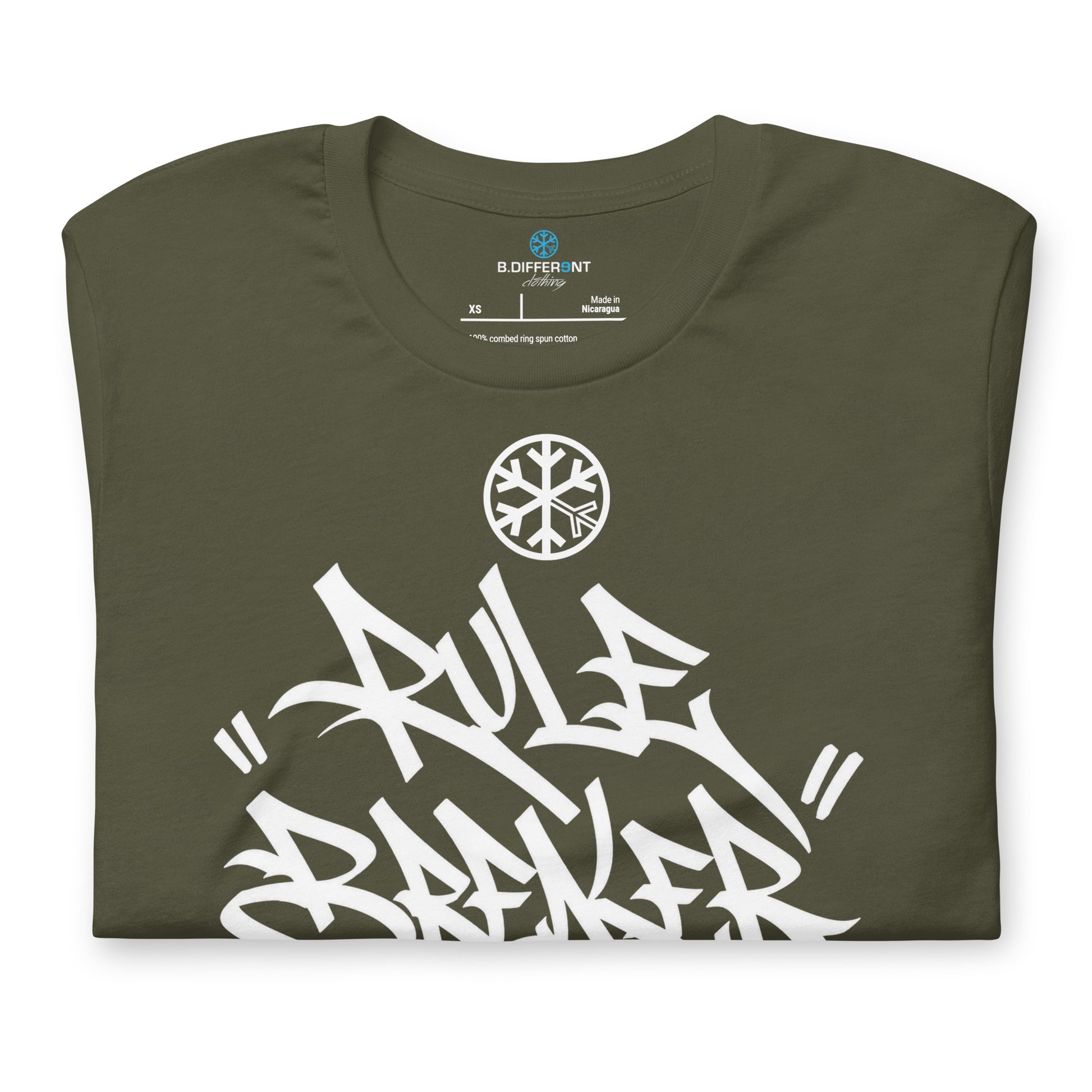 Army Green-Rule Breaker Graffiti Tag Tee from B.Different Clothing, folded, graffiti-inspired streetwear