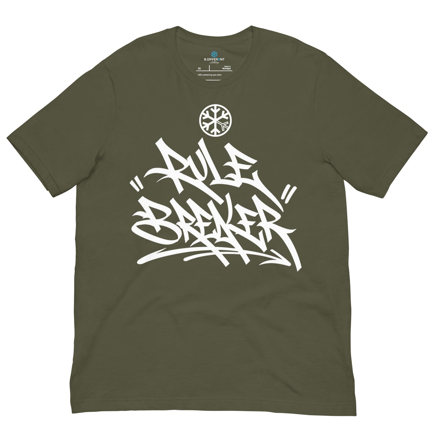 Army Green-Rule Breaker Graffiti Tag Tee from B.Different Clothing, front view, graffiti-inspired streetwear