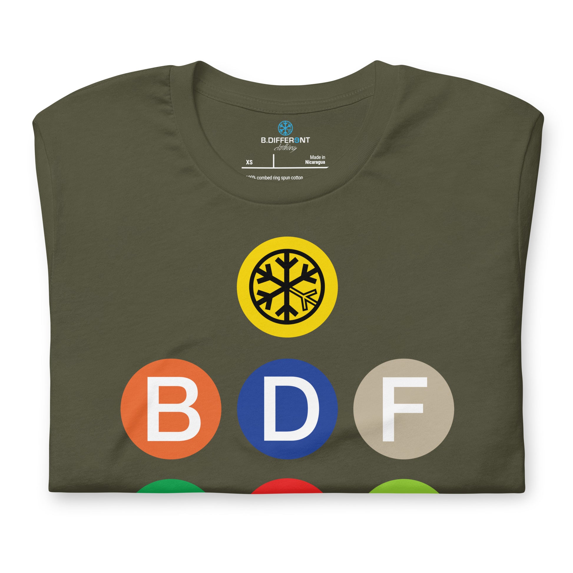 Army Green-BDFRNT NYC Subway Tee from B.Different Clothing, folded, graffiti-inspired streetwear