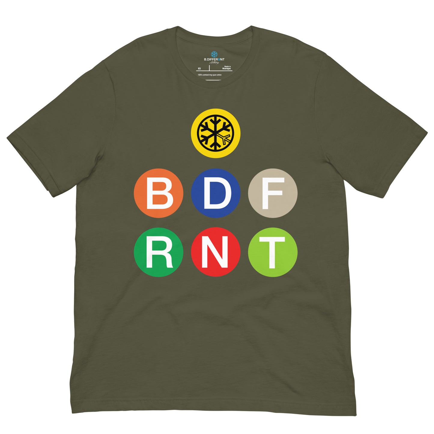 Army Green-BDFRNT NYC Subway Tee from B.Different Clothing, front view, graffiti-inspired streetwear
