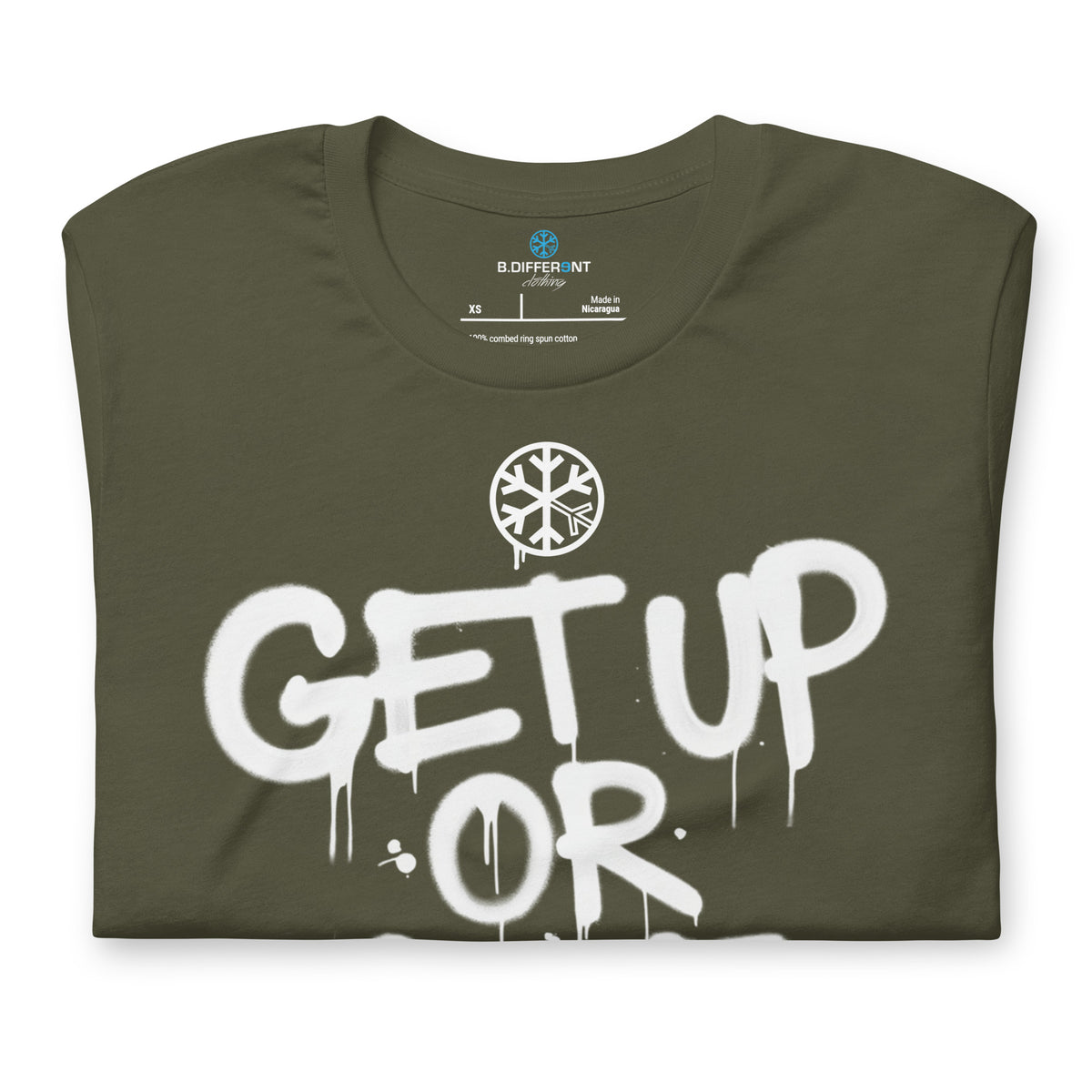 Green-Get Up or Die Graffiti Tag Tee from B.Different Clothing, folded, graffiti-inspired streetwear t-shirt