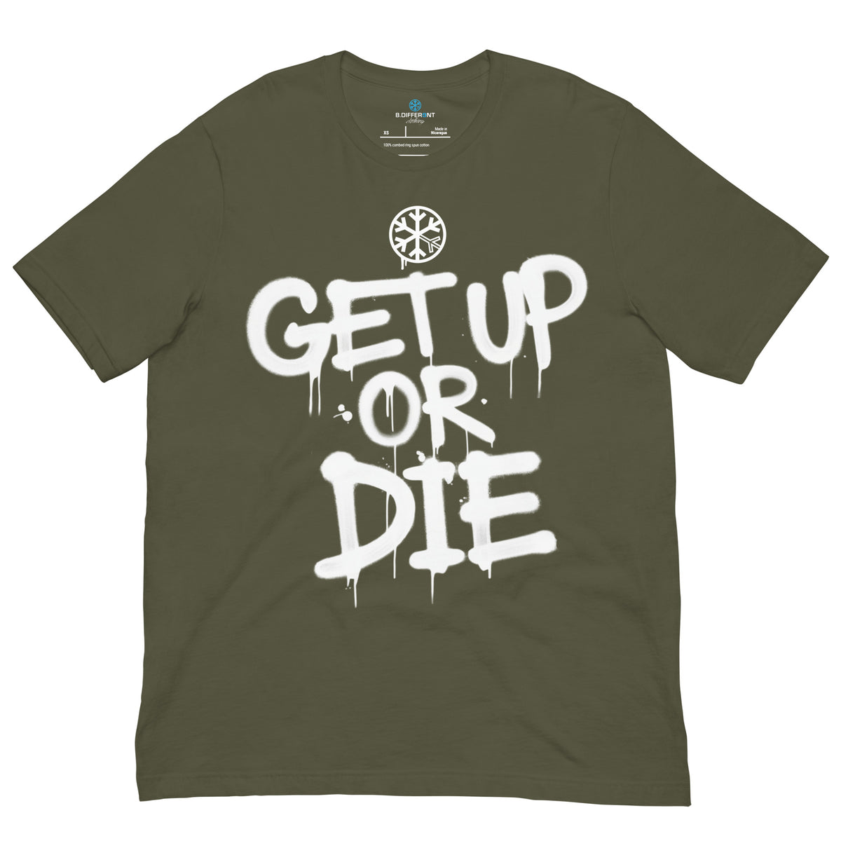 Green-Get Up or Die Graffiti Tag Tee from B.Different Clothing, front view, graffiti-inspired streetwear t-shirt