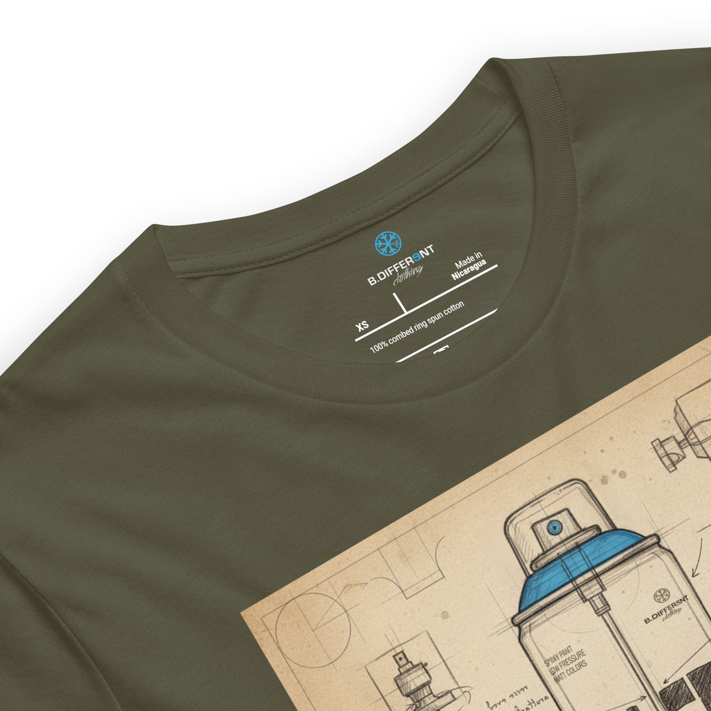 Green-Spray Can Sketch Graffiti Tee from B.Different Clothing, collar, graffiti-inspired streetwear t-shirt