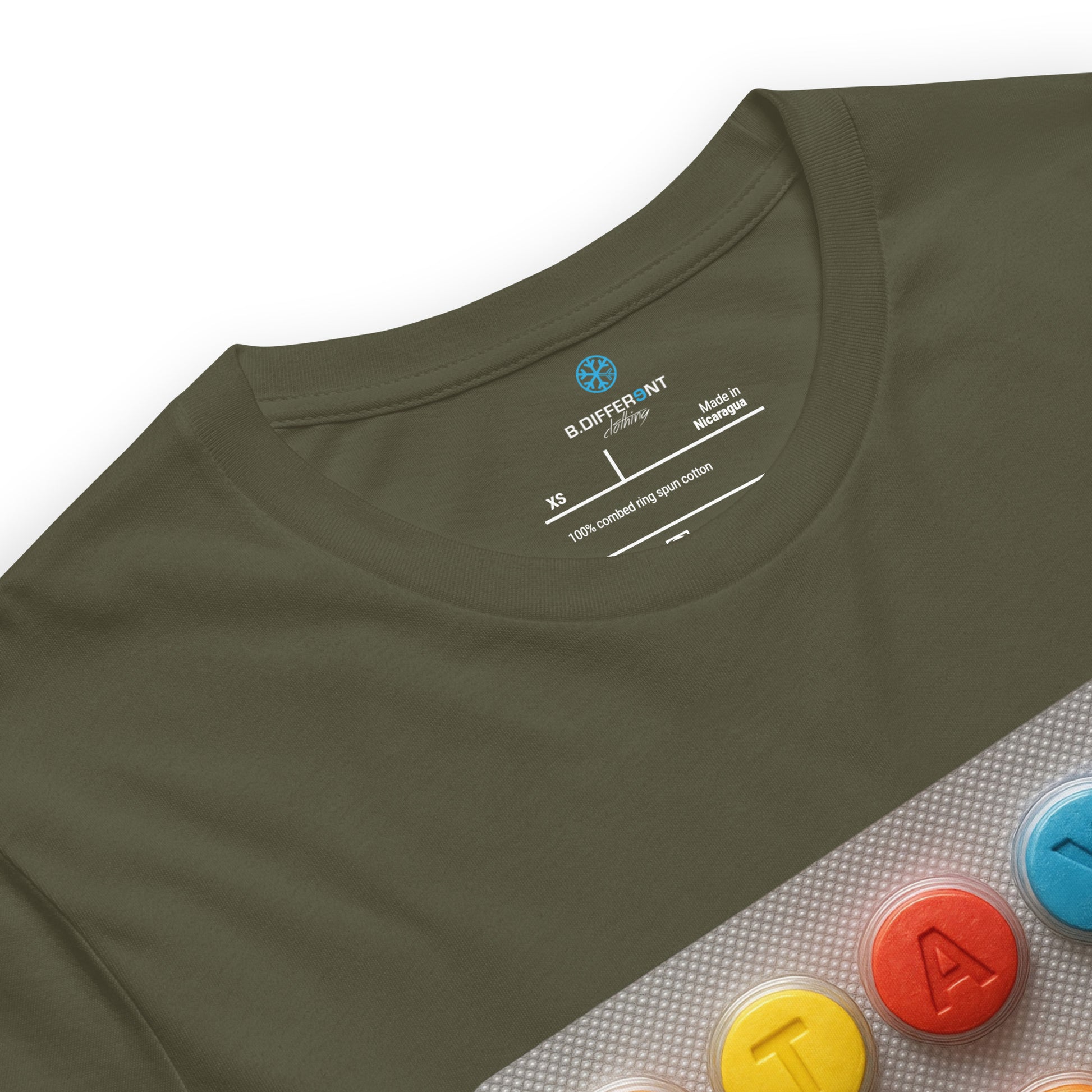 Green-Stay Weird Pills Tee from B.Different Clothing, collar, graffiti-inspired streetwear t-shirt